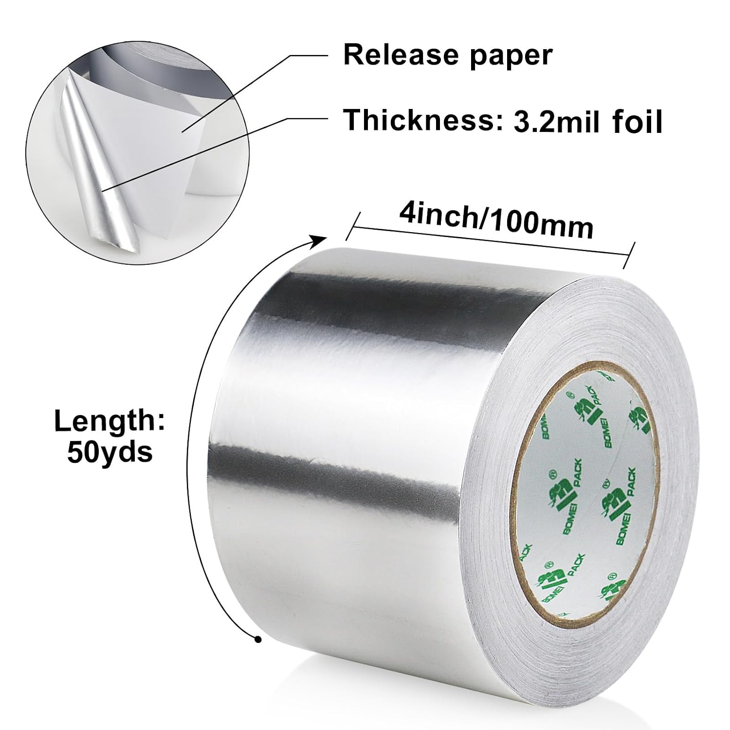 BOMEI PACK Aluminum Foil Tape - 4 Inch x 50 Yards - 3.2mil Heavy Duty Metal Duct Tape, Aluminum HVAC Tape for Sealing & Patching, Air Ducts, Insulation Metal Repair, Professional Grade image 2