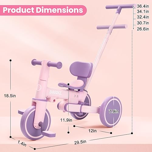 Miniatura 8 de Bobike Triciclo 5 en 1 para niños pequeños de 18 meses a 5 años, triciclo para niños con mango de empuje y respaldo, bicicleta de equilibrio para
