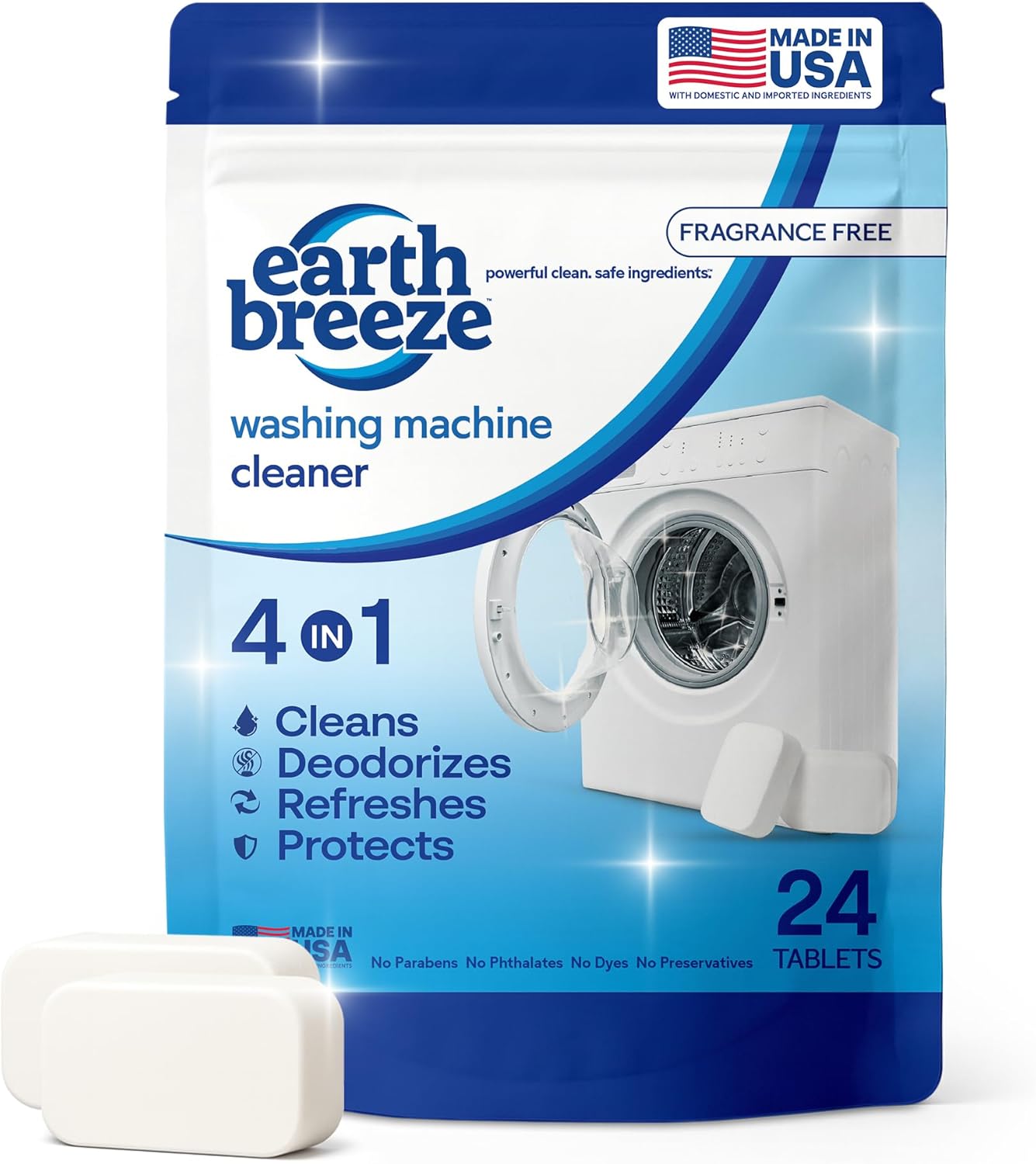 Earth Breeze Washing Machine Cleaner Tablets – Deep Cleans, Deodorizes & Removes Odors, Residue & Buildup – For Front Load, Top Load & HE Washers – Fragrance-Free – No Harsh Chemicals – Made in USA