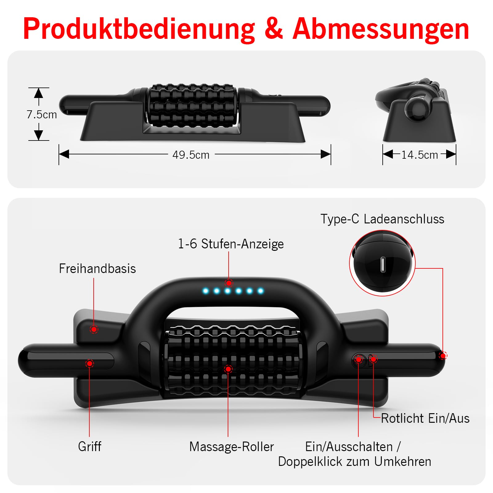 Elektrische Faszienrolle Rotlicht Elektrisch Massageroller | Klopfmassage, 6 Stufen, Freihand-Station, Deep Tissue Massagegerät für Rücken Nacken Beine Ganzkörper, Muskelentspannung