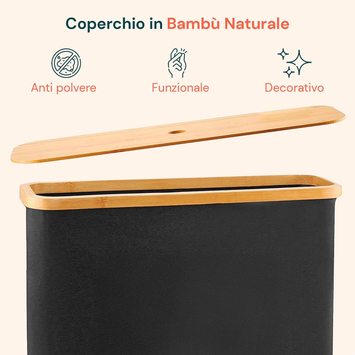 Wintem - Porta Carta Igienica in Tessuto Nero con Coperchio in Bambù Naturale, Design Elegante e Compatto per Accessori Bagno, Facile da Spostare e da Pulire, Capienza fino a 12 Rotoli