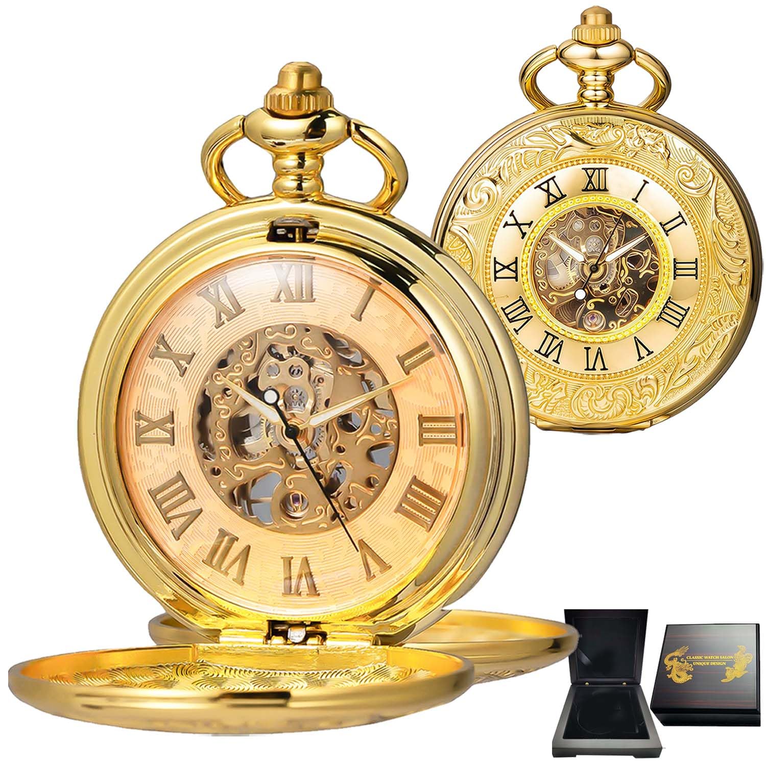 Mechanical Roman Numerals Dial Black Gold Skeleton Pocket Watches with Box and Chains for Mens Women with Antique Wooden Box-image-21