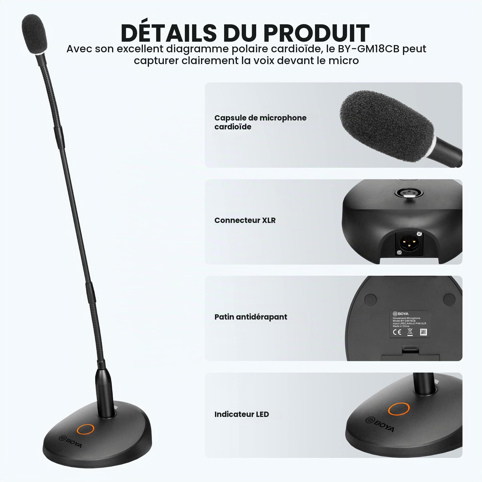 BOYA Micro XLR, Microphone à condensateur à col de Cygne avec indicateur LED pour Les réunions, Les vidéoconférences, Les conférences en streaming-BY-GM18CB