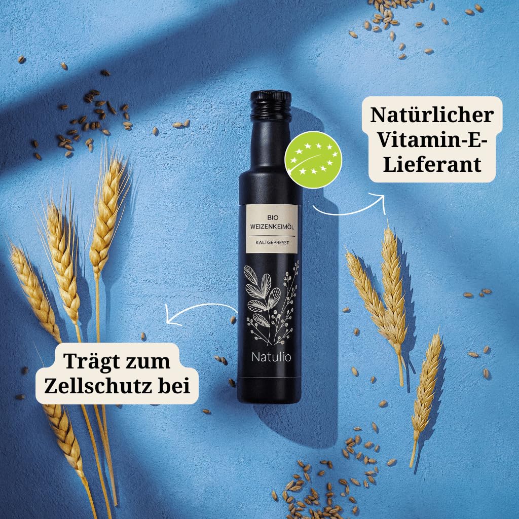 Natulio Bio Weizenkeimöl kaltgepresst 250ml - zur Ernährung sowie zur Hautpflege geeignet - reich an Omega 3 Fettsäuren und Vitamin E - zertifiziert nach DE-ÖKO-006