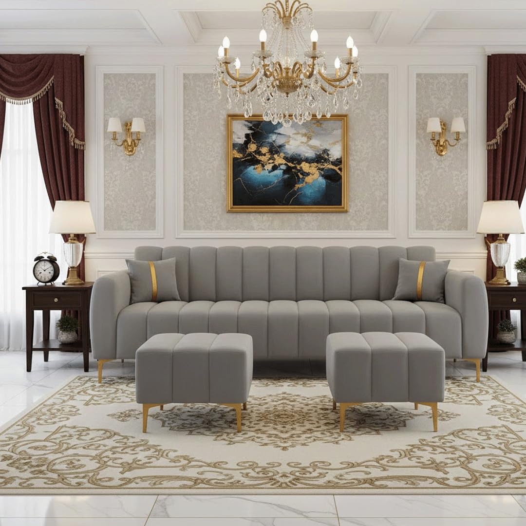 Harmonica 3 Seater Modular L Shape Sofa Set with 2 Ottoman| Soft Velvet Upholstery, Sturdy Wooden Frame | Modern Sofa for Living Room, Hall & Office Spaces (Light Grey)