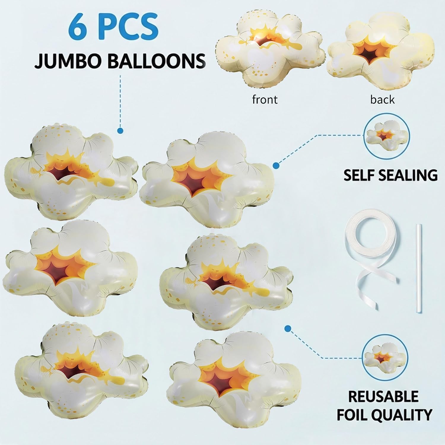 6 Pcs Popcorn Balloons, Jumbo 19 Inch Mylar Foil Decorations for Movie Night Party, Carnival Circus Theme Supplies, Food Party, Reusable Birthday Party Props