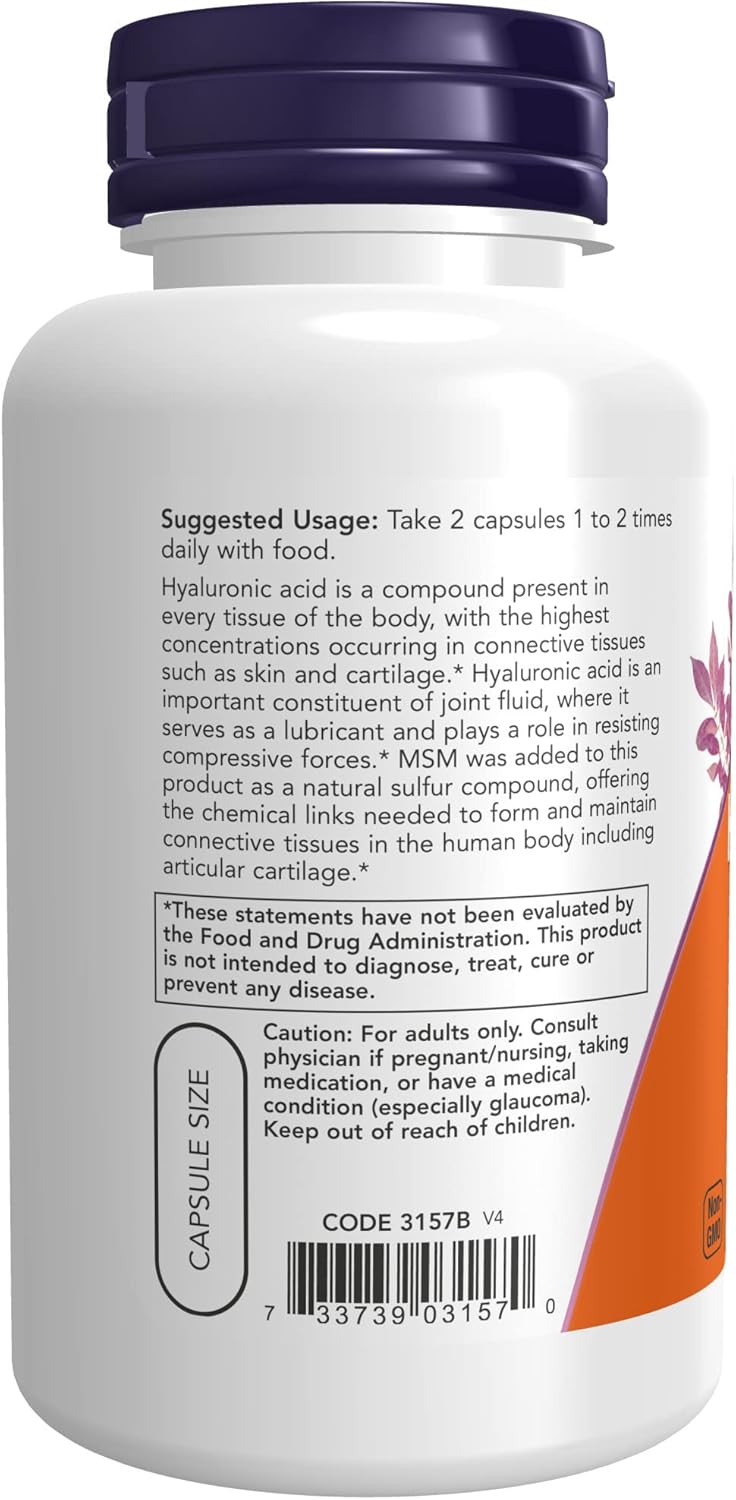 NOW Supplements, Hyaluronic Acid 50 mg with MSM, Joint Support*, 120 Veg Capsules : Health & Household