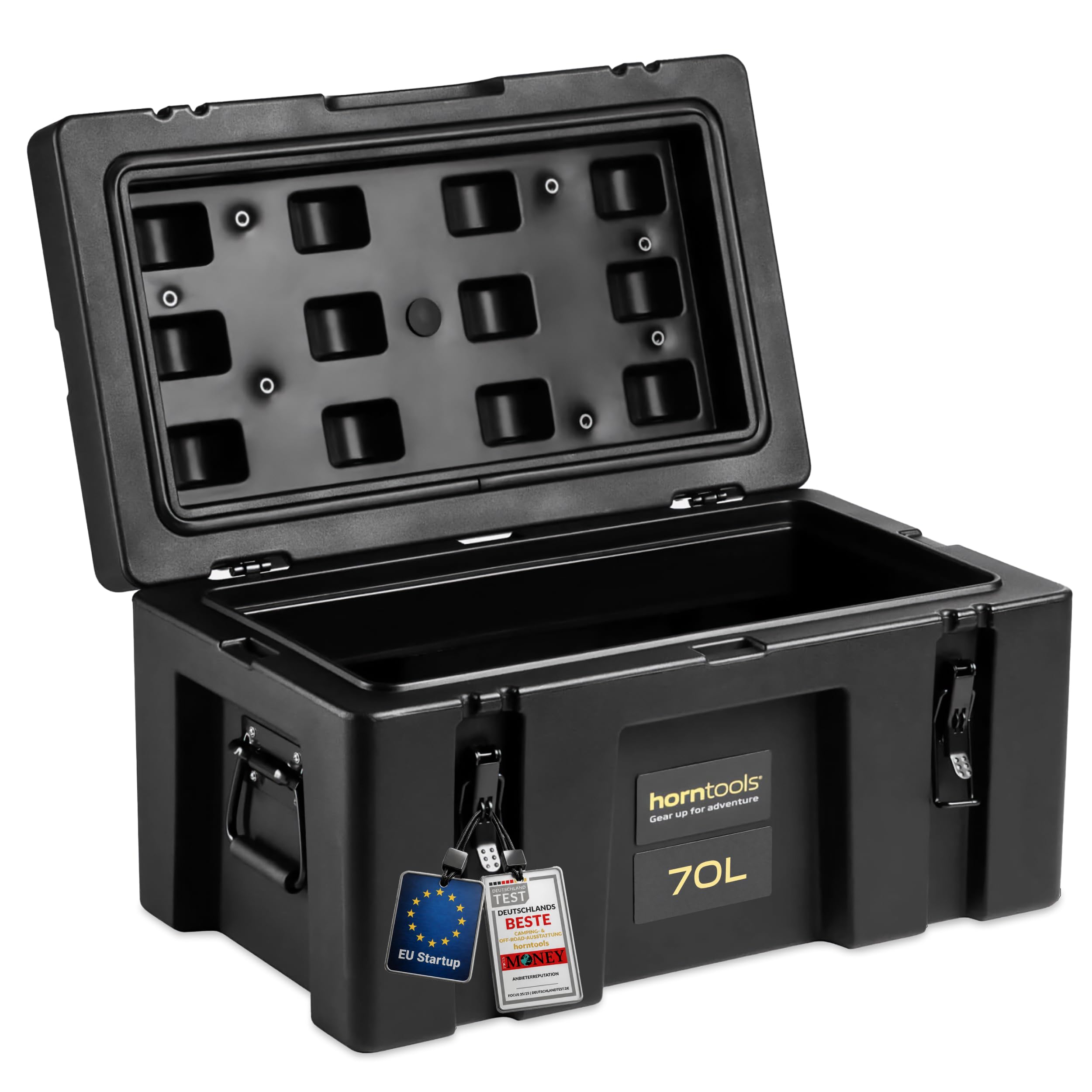 horntools Transportbox 70 L - wasserdichte Reisebox fürs Auto - Lagerbox | Abschließbare Campingbox Wetterfest - 3,6 mm Polyethylen - Sichere Verschlüsse für Auto, Dachträger, Jagd, Boot & Camping