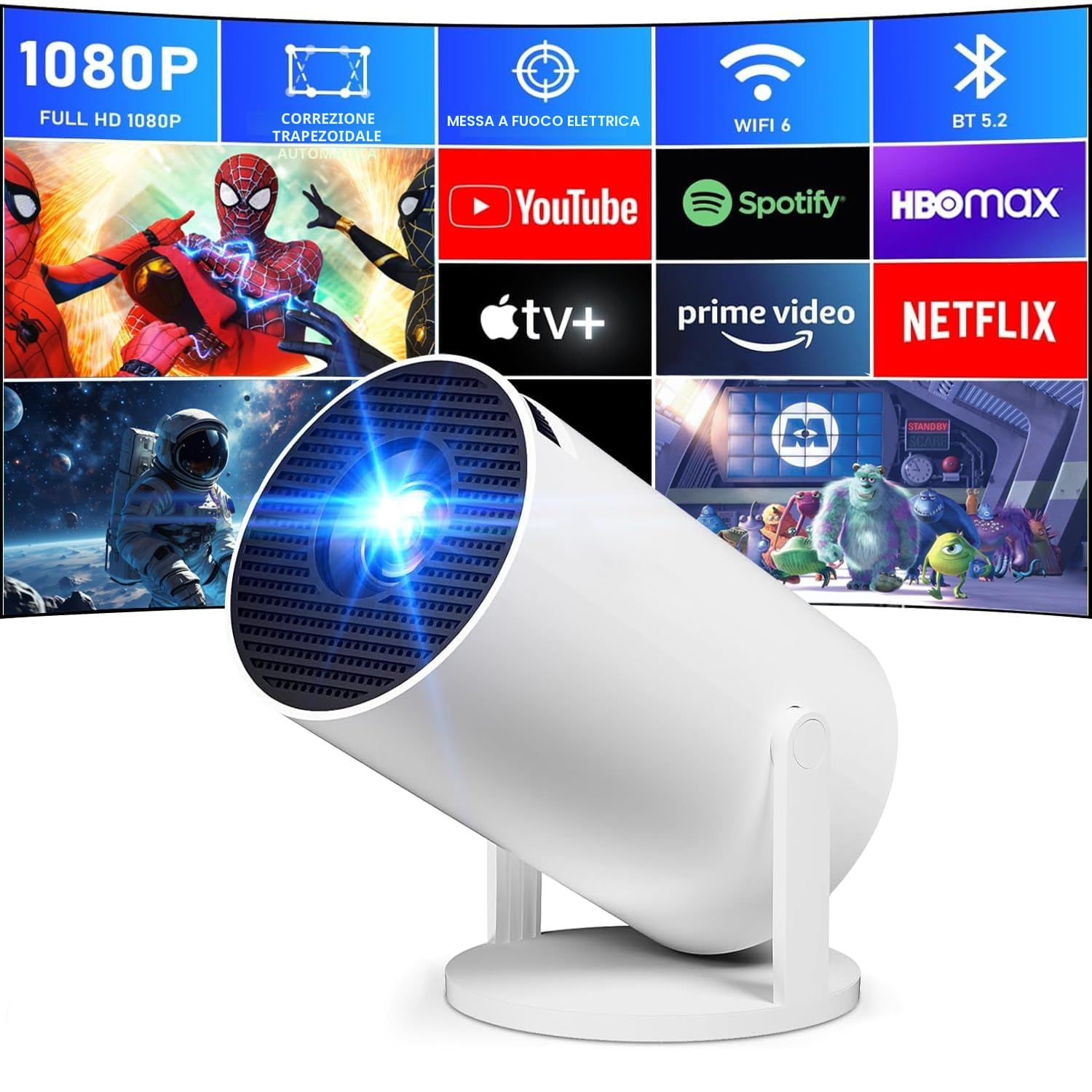 Proiettore 4K portatile, mini proiettore video 1080P FHD compatibile con Android e Netflix, WiFi 6, BT 5.0, rotazione a 180°, videoproiettore con correzione automatica del trapezio