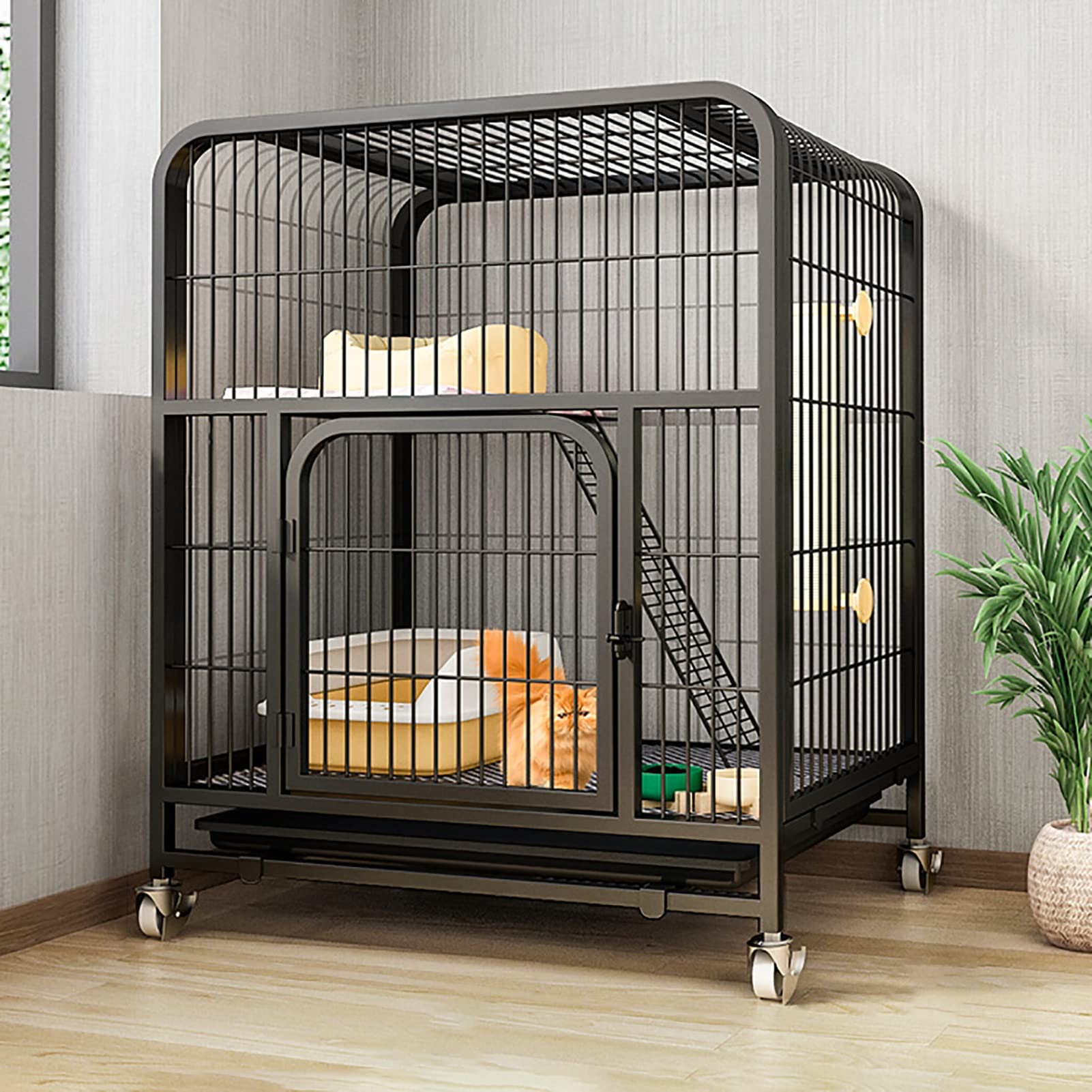 asdchZen 2-Tier Large Cat Cage/Cat Chinchilla Ferret Cage/With Wheels/Cat Playpen/Cat Enclosure W/Ramp Ladders/Cat Beds And Hammock For Indoor Outdoor