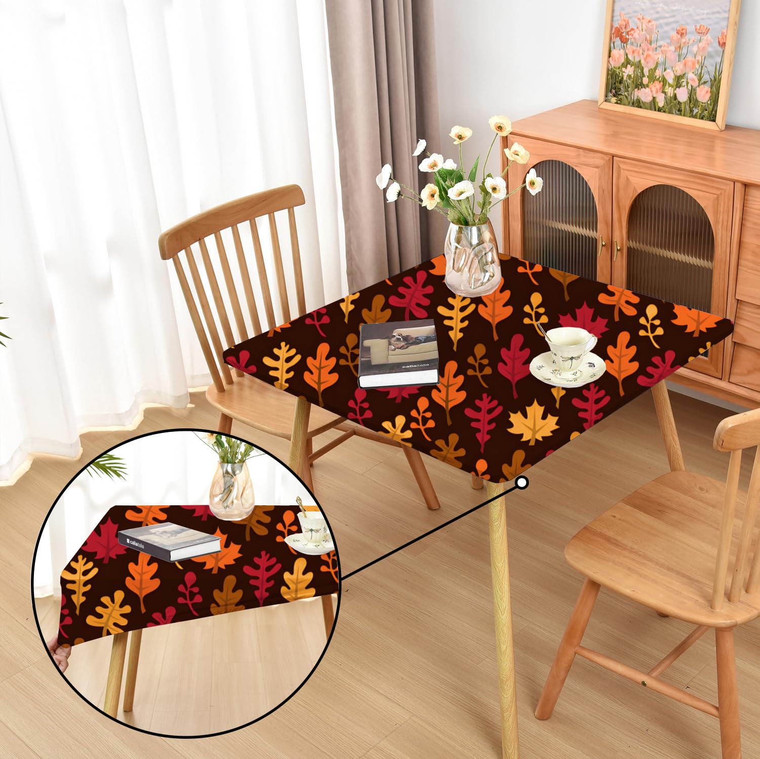 Amonsa Fall Table Cloths Fitted Square Tablecloths with Elastic: Stretchy Spandex Fabric Patio Coffee Table Cover Protector No Slip Maple Leaf 38x38 Inch — image 1