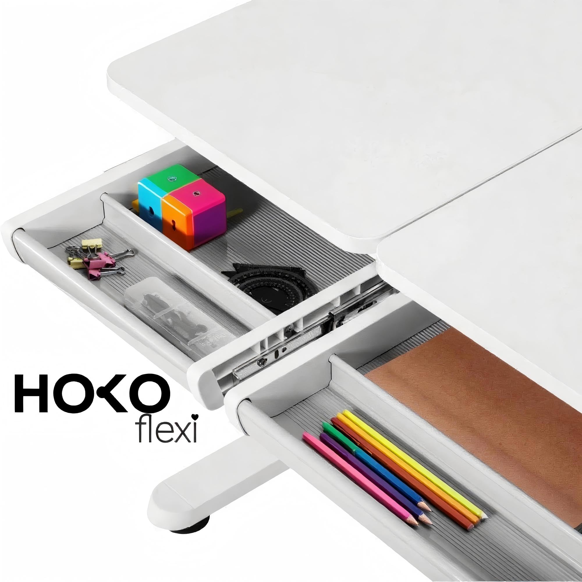 HOKO Kinderschreibtisch höhenverstellbar, Schreibtisch Kinder 120x60 cm | Kinderschreibtische mit 80x40 cm neigbare Tischplatte & Schubladen, Jugendschreibtisch für Kinder ab 6 Jahren, Weiß, ELIN