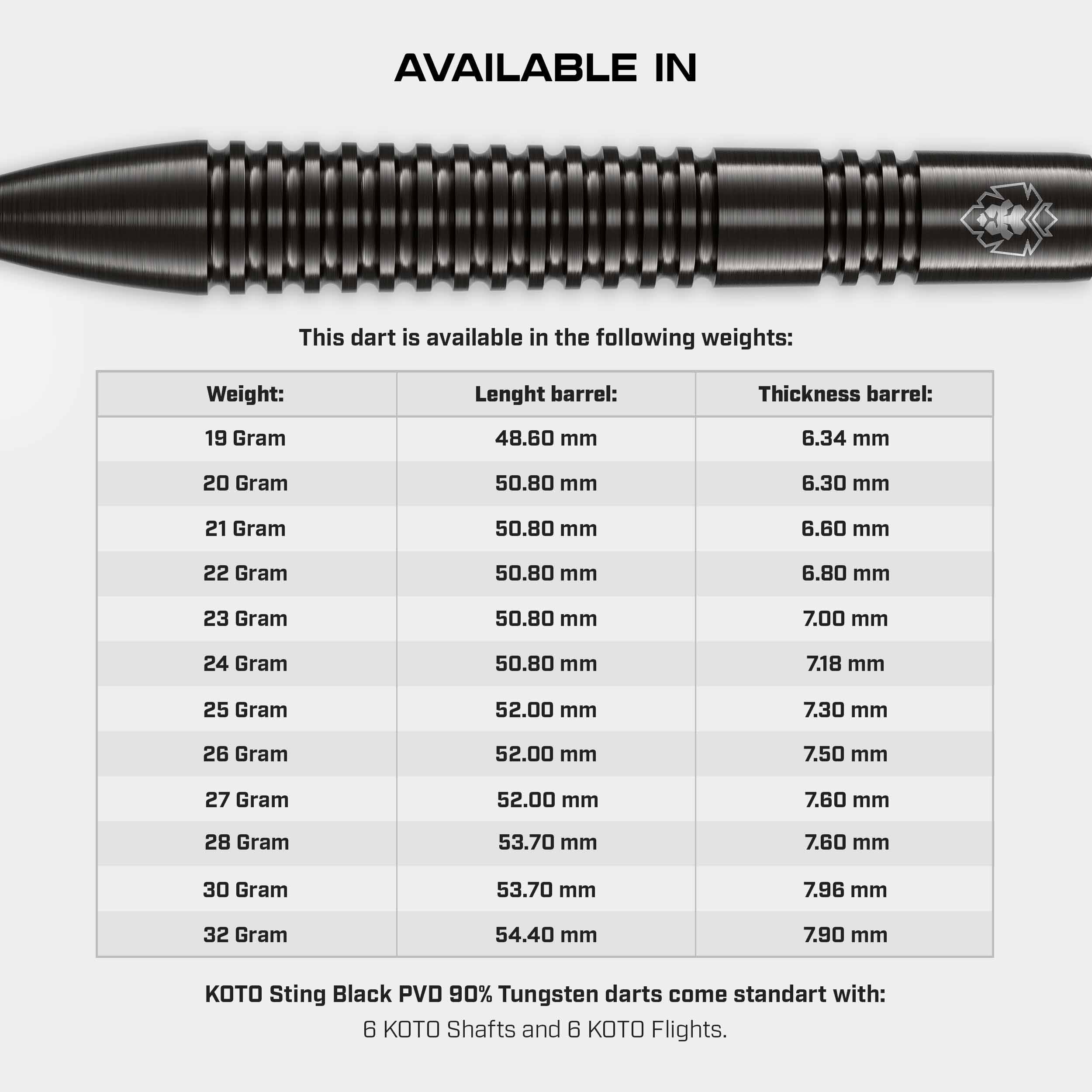 KOTO – Sting Black Tapered 90% Tungsten Rzutki, 28G, Czarny, Steel Tip
