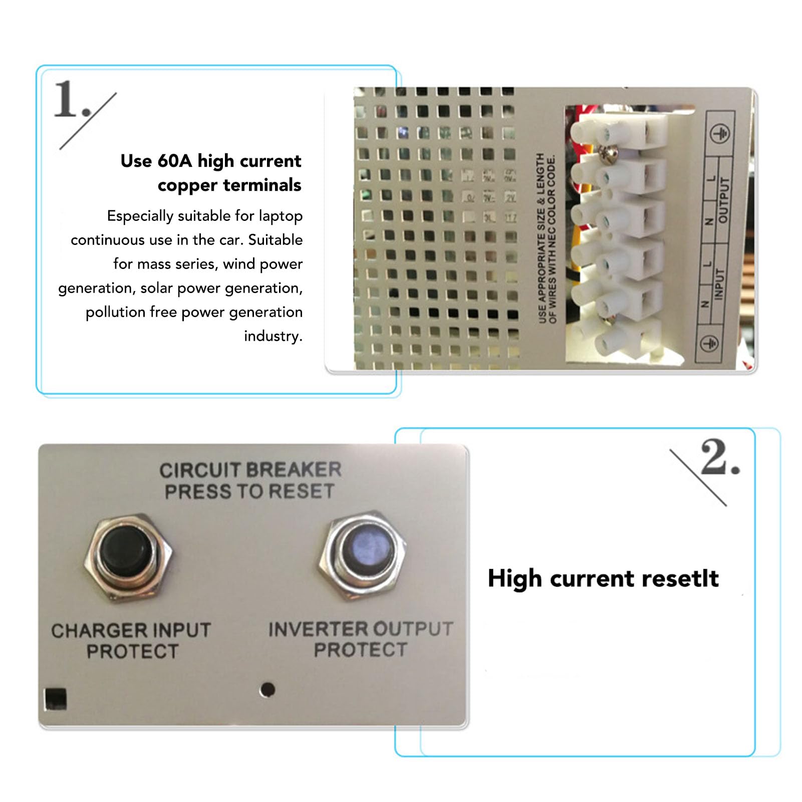 Caricabatterie Inverter Sinusoidale Puro da 2000 W Ad Alta Efficienza con Display LCD per Uso Domestico Ed Esterno in ABS e Acciaio Inossidabile (48 V)