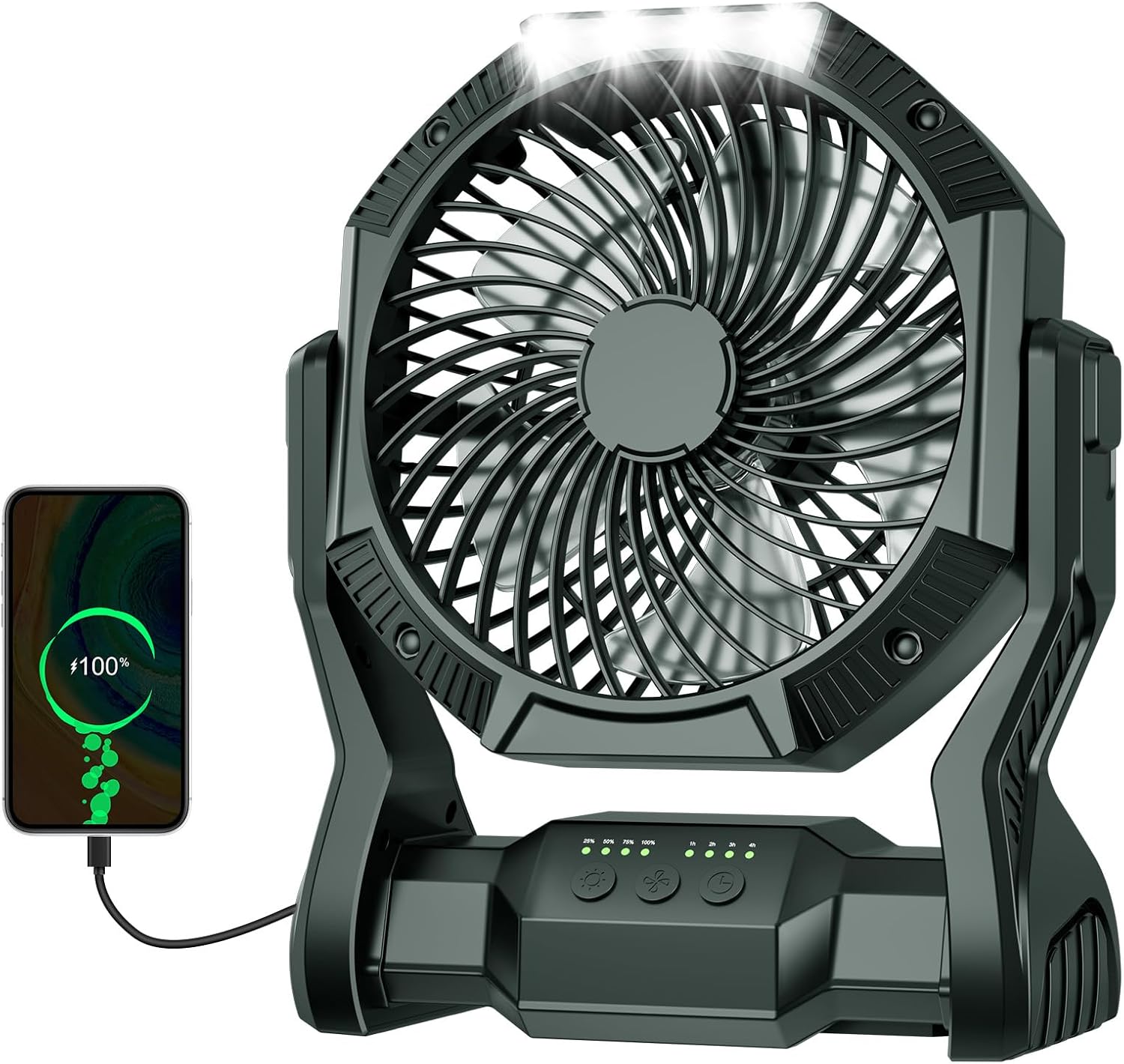 Portable Rechargeable Fan, Battery Powered Camping Fan with LED Light & Hook V
