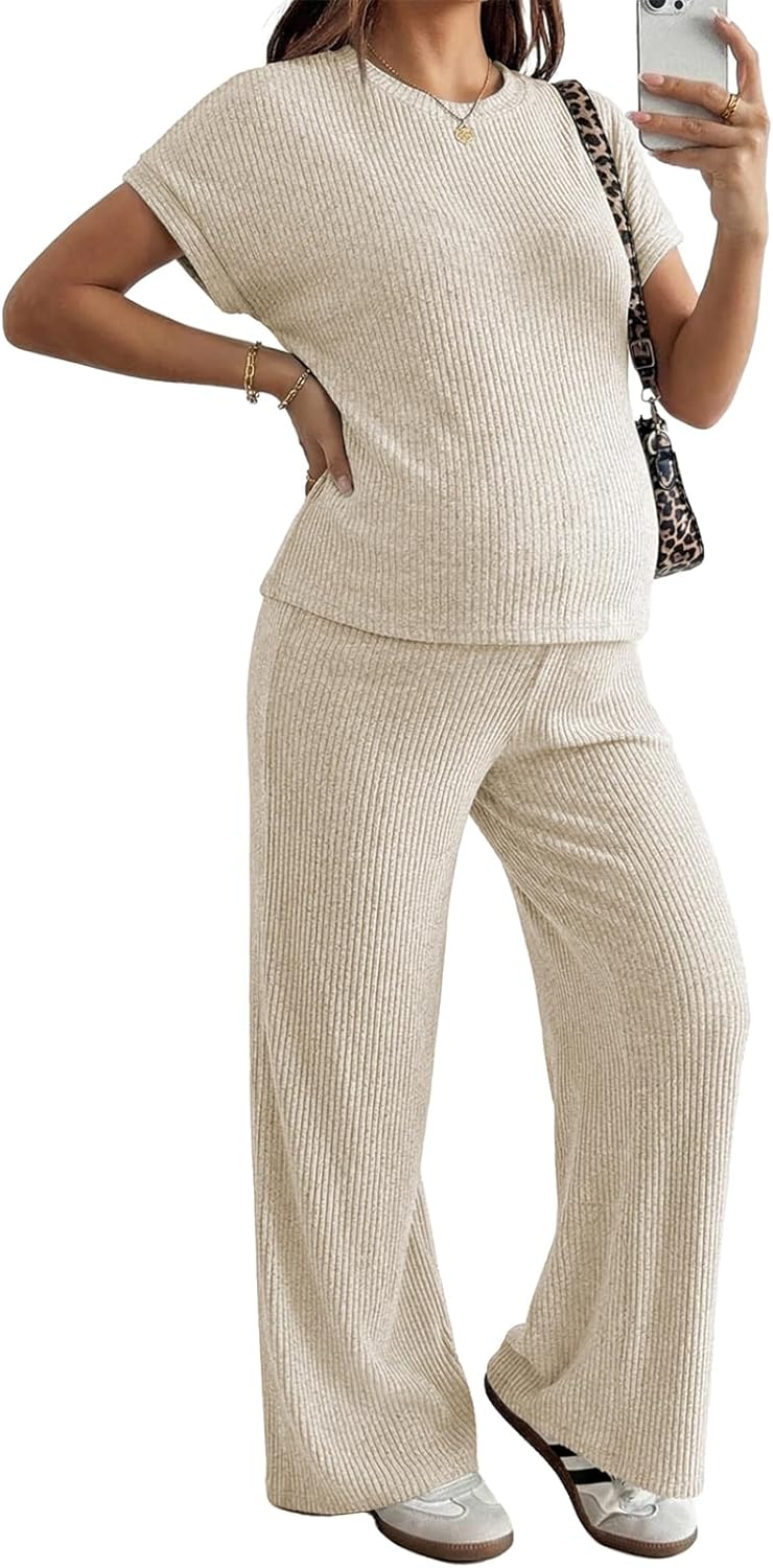 BLENCOT Maternity Clothes Ribbed Short Sleeve Maternity Pajamas Sets Sleepwear Lounge 2 Piece Matching Outfits Set - Image 6