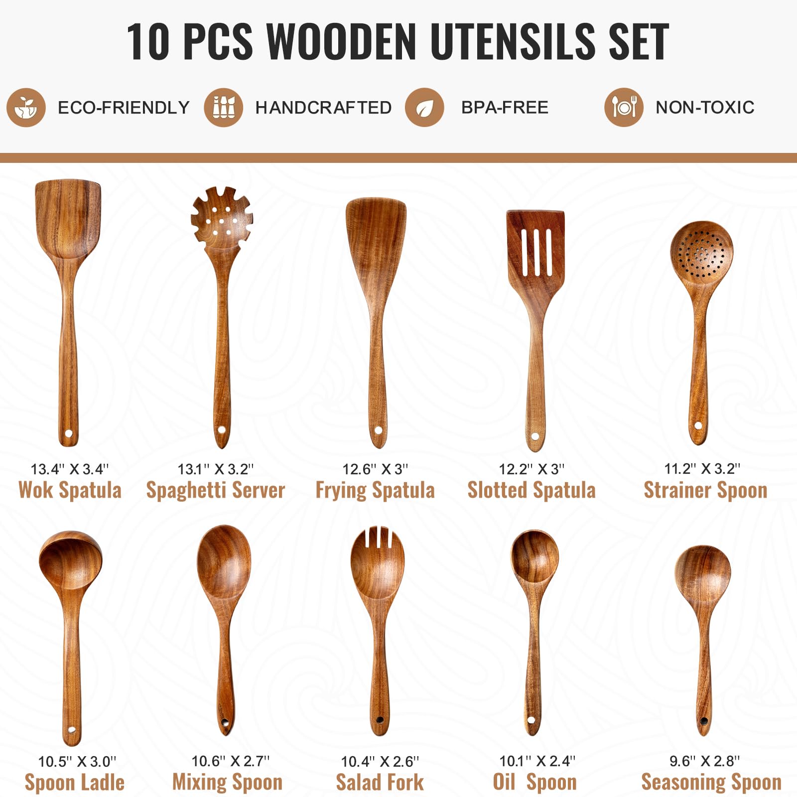 Terlulu Holzlöffel zum Kochen, Küchenutensilien-Set aus natürlichem Teakholz, langlebiges Kochutensilien-Set mit Komfortgriff für Kochgeschirr, glatte Oberfläche, antihaftbeschichtet, hitzebeständig