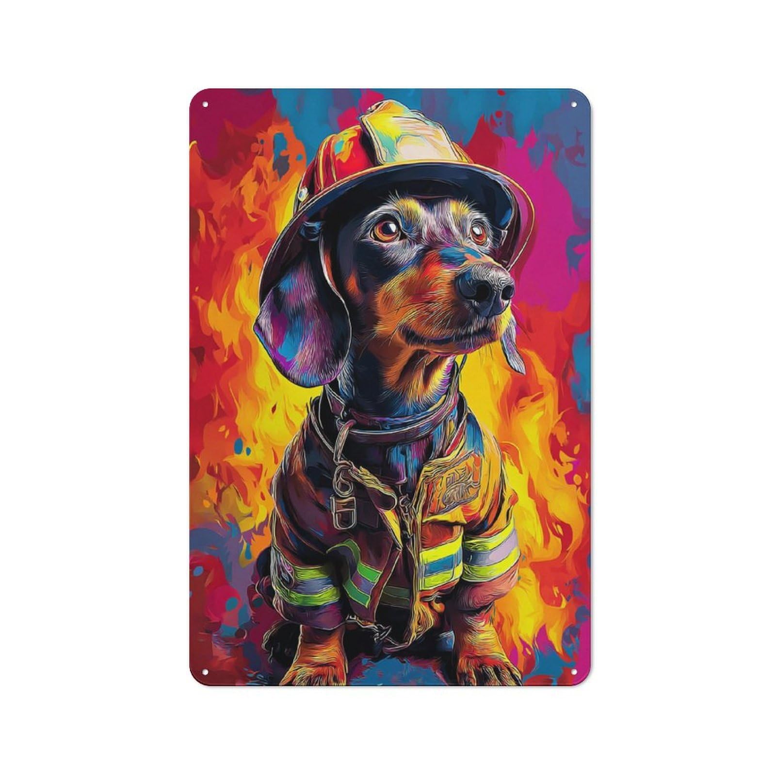 Junmoney Firefighter Dog In Action Modern Retro Metal Wall Decor 30X20cm, Metal Wall Sign For Loft, Studio, Office Or Creative Room