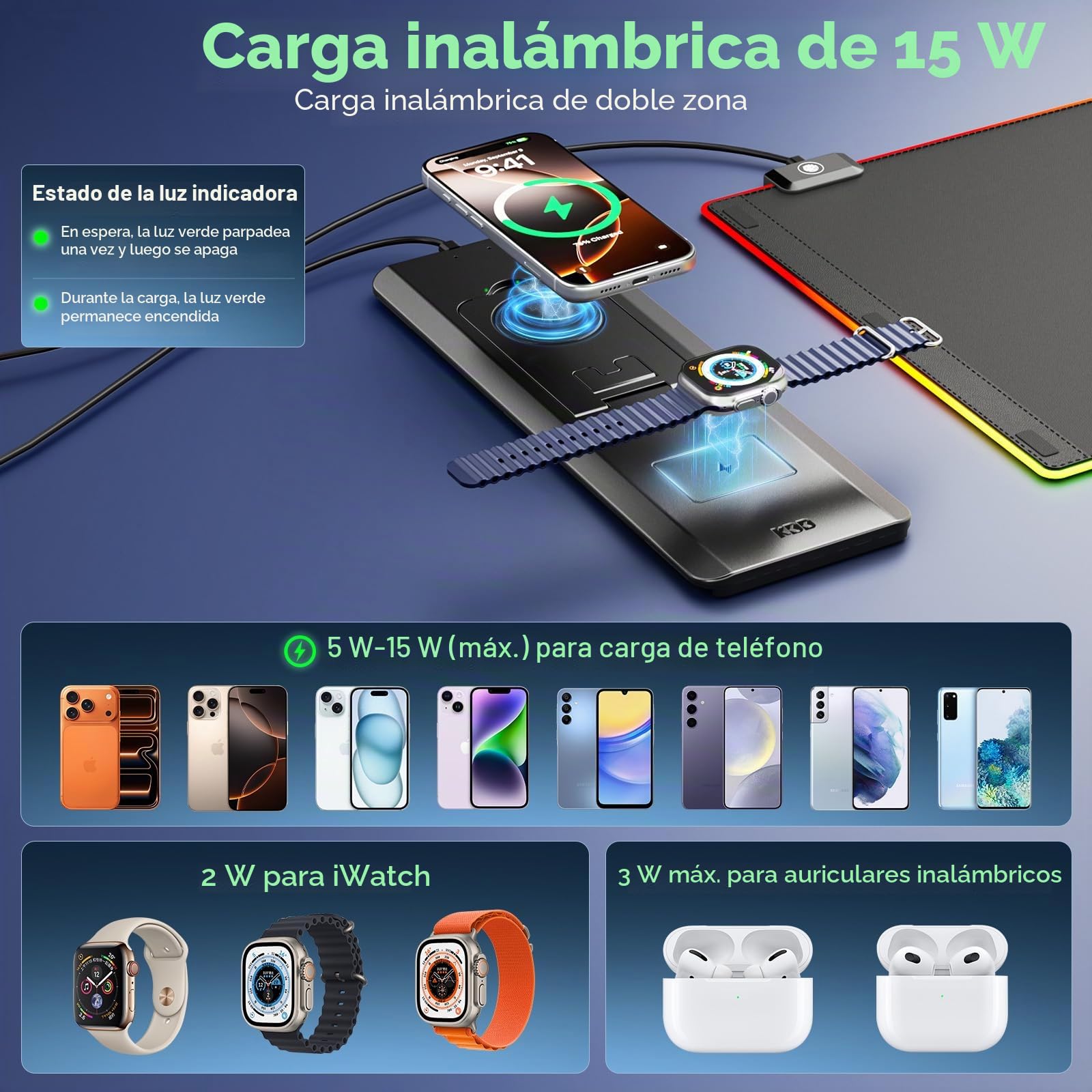 KDD LED Alfombrilla Ratón Gaming con 15W Carga Inalámbrica, Tapete Escritorio con Soporte Móvil Plegable, Mouse Pad XXL Antideslizante para Juegos Accesorios Gaming PC Auriculares Reloj (70x33cm)