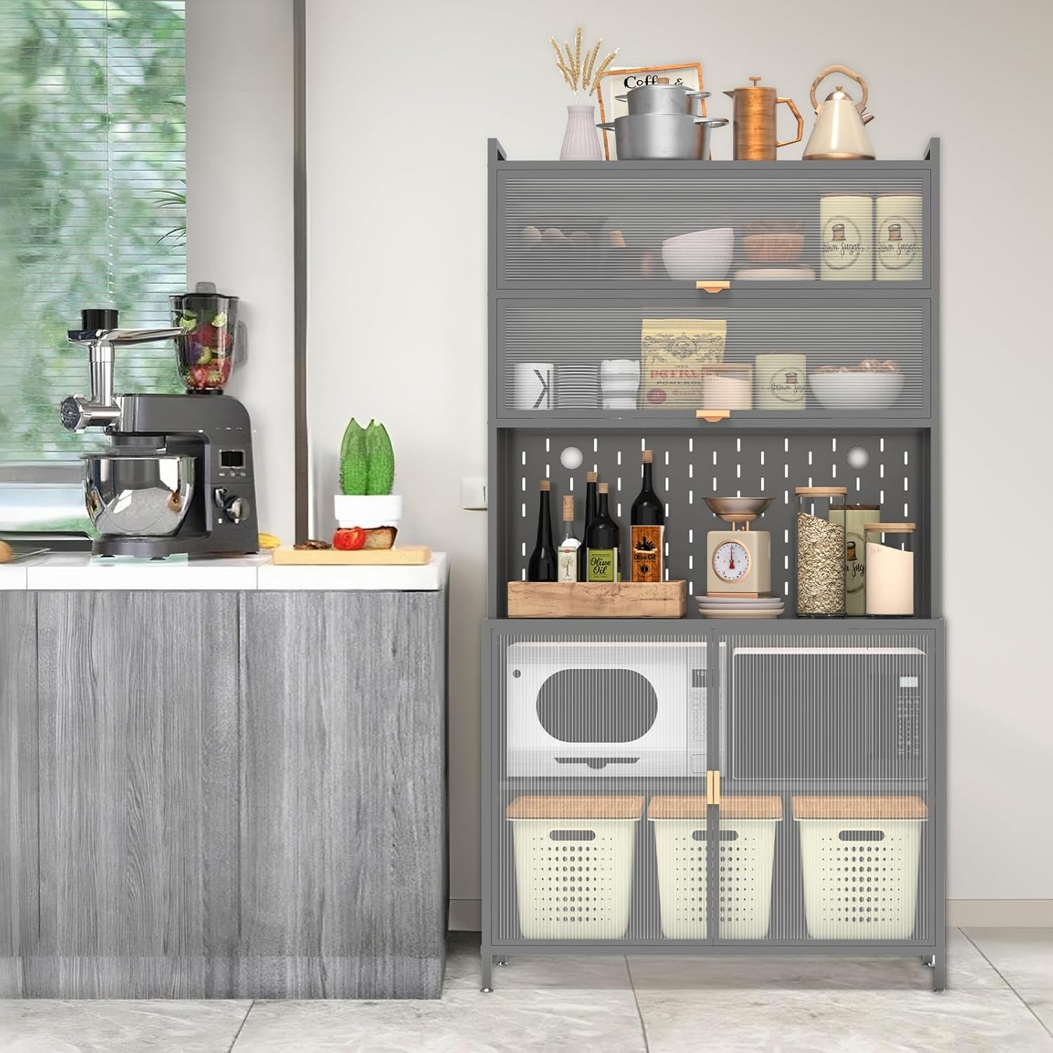 73" Kitchen Pantry Cabinet, Tall Hutch Storage Cabinet, Kitchen Hutch with Countertop and Outlets, Metal Pantry Hutch with Adjustable Shelves and Flip Door for Dining Room, Grey