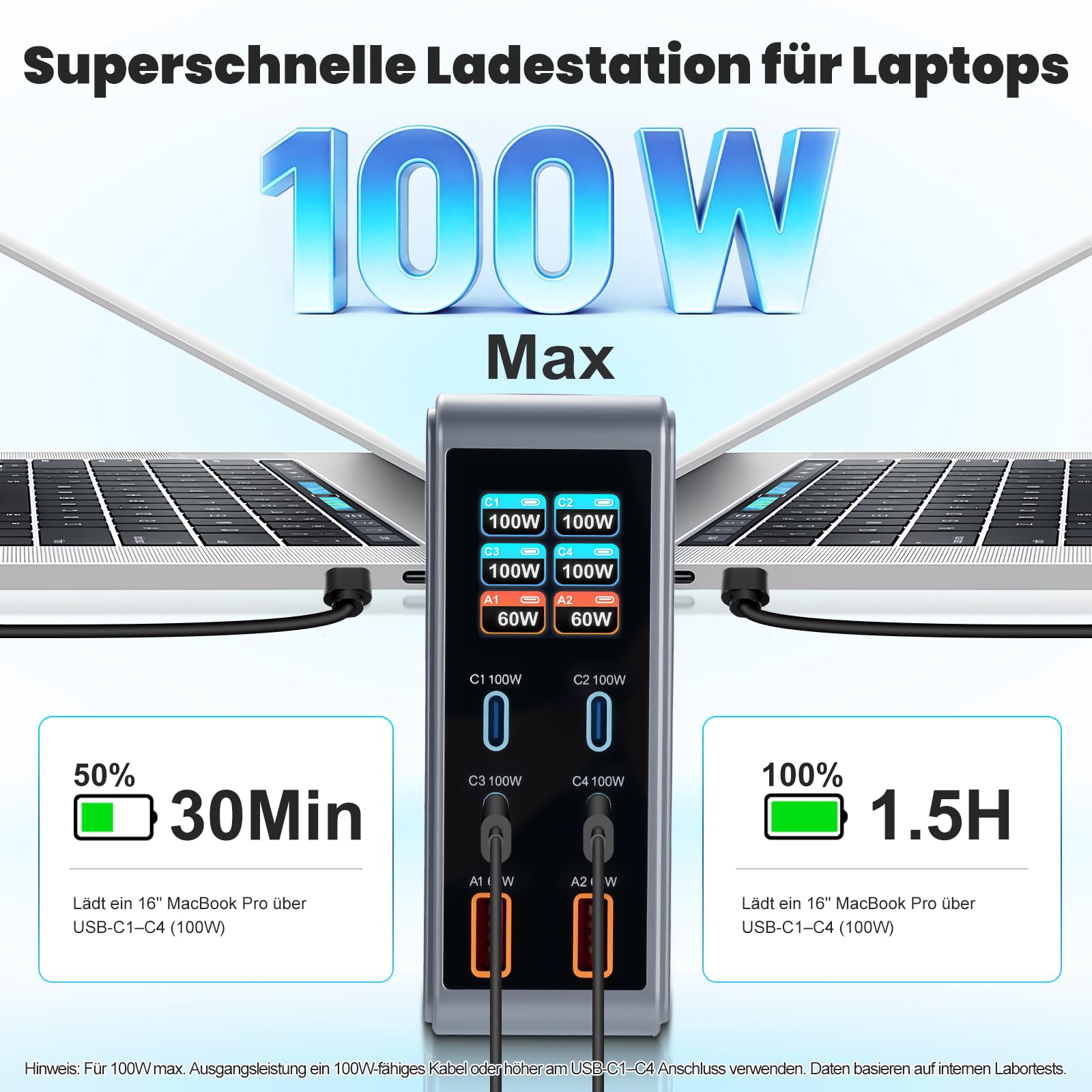 Chargeur USB C 6 en 1 et 300 W, écran LCD, station de charge GaN ultra rapide (4C+2A) Max PD100W/QC60W, chargeur multi-USB, compatible avec iPhone 17/16/15, iPad, Android et tablettes (argent)