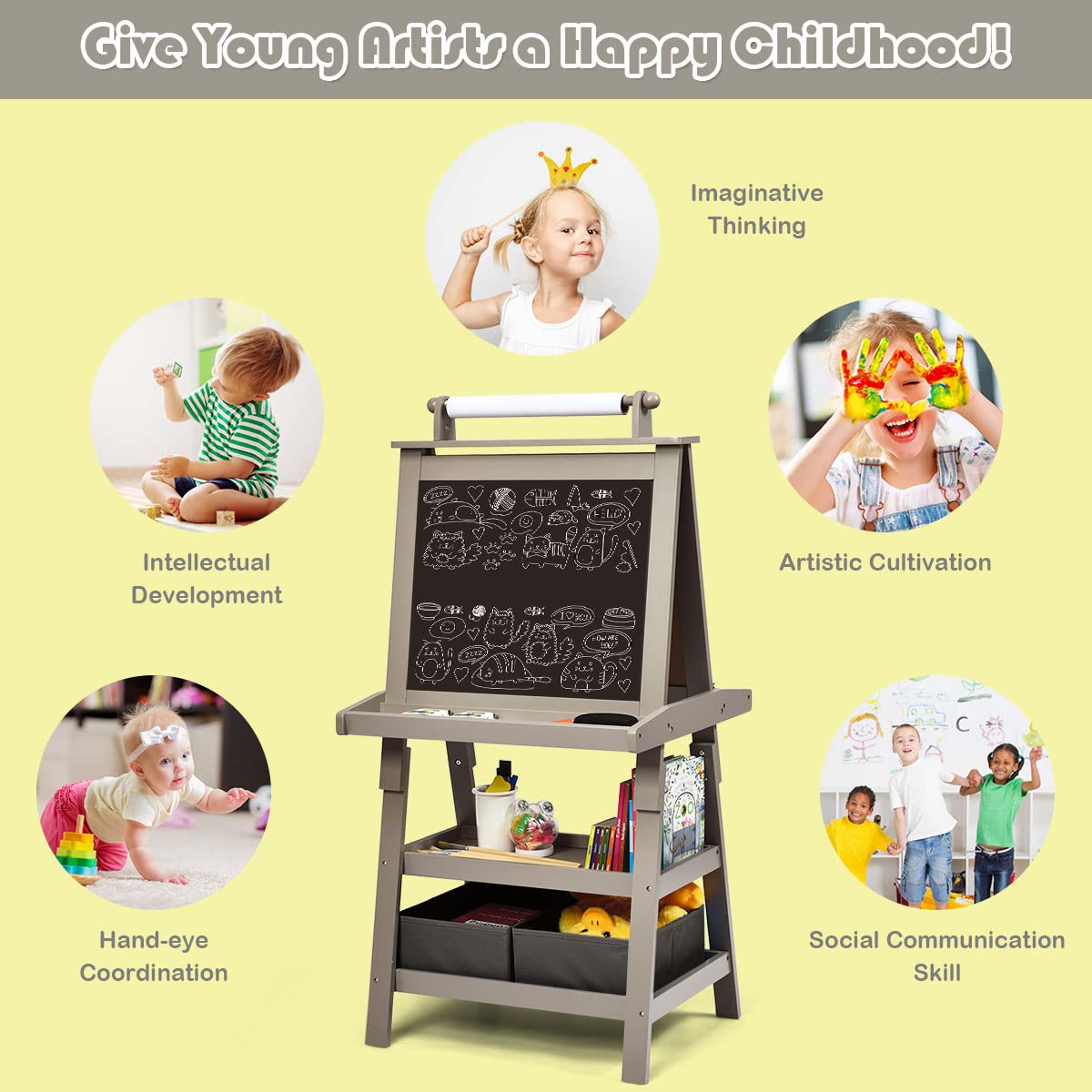 LIFEZEAL 3 in 1 - Lavagna per bambini, doppio lato, bianco e nero, cavalletto per bambini 3+ anni, con 2 scatole di immagazzinaggio, 2 ripiani, giocattolo educativo (grigio)