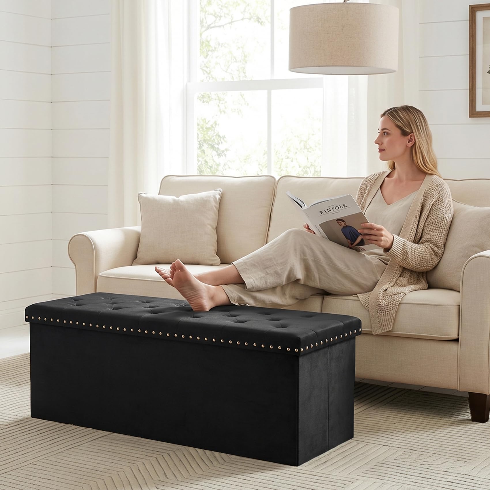 PINPLUS Baúl Banco de Almacenamiento Plegable, Puff de Terciopelo con Tapa, Reposapiés para Salón, Dormitorio y Pasillo, 110x40x40 cm, Negro