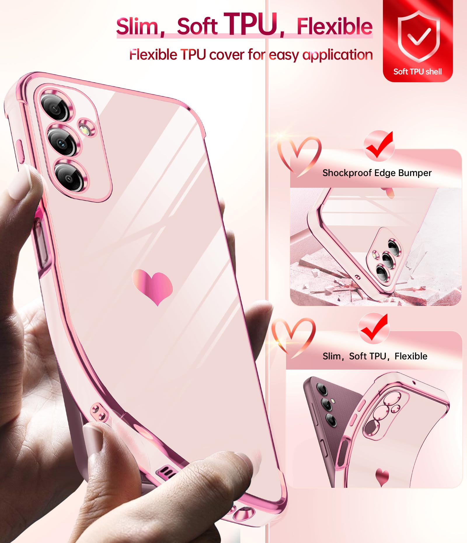 LeYi for Galaxy A14-5G Phone Case: Screen Protector [2 Pcs]+ Full Camera Lens Protection, Love Heart Plating Girly Luxury Shockproof Cell Cover Basic funda para Samsung Galaxy A 14, Pink