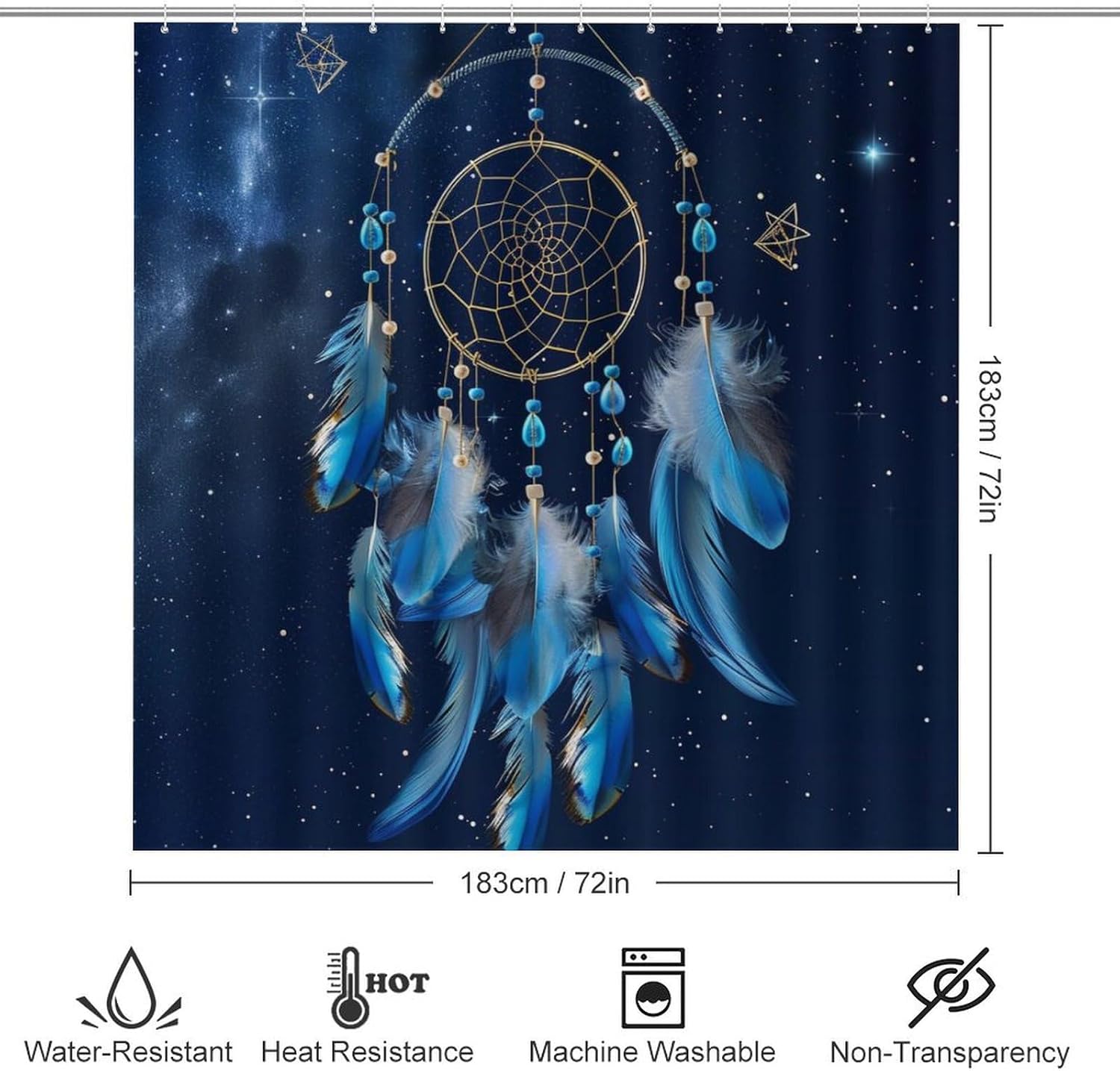 4Pcs Starry Sky Dream Catcher Shower Curtain Set with Toilet Lid Cover Non-Slip Rugs for Bathroom, Galaxy Star Feather Fantasy Shower Curtain Bathroom Sets with Hooks, 72x72 Inch