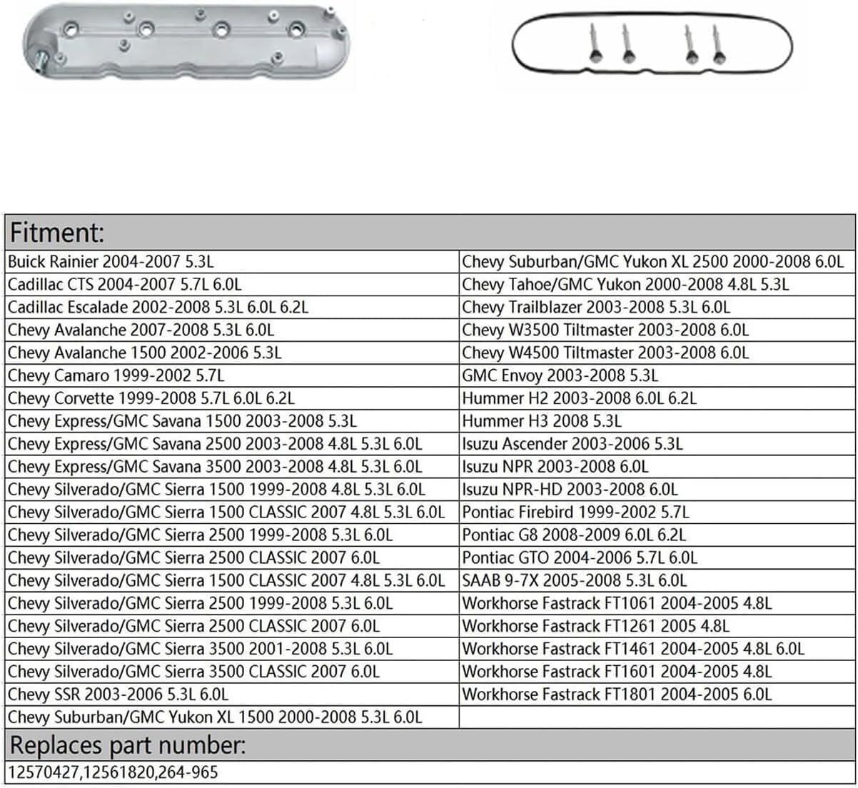 Engine Valve Cover for 1999-2008 Chevy Silverado/GMC Sierra 1500 2500 4.8L 6.0L V8 Rainier 5.3L 2004-2007 CTS 5.7L 2004-2007 Replaces 12570427 12561820 264-965(Driver Side)