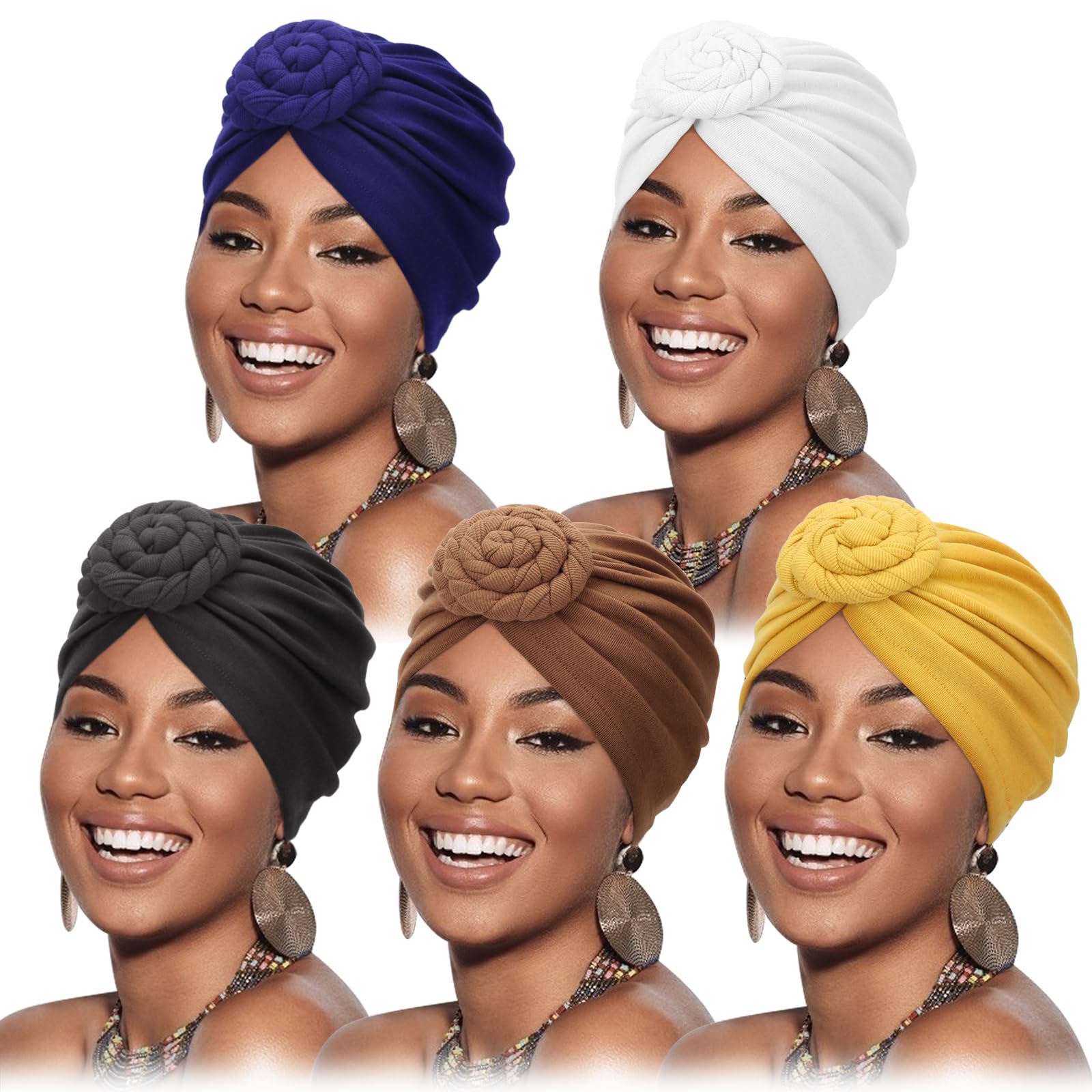 DRESHOW 5 Pack Knotted Headwraps for Women African Turban Pre-Knotted Beanie Headwraps Hair Covers