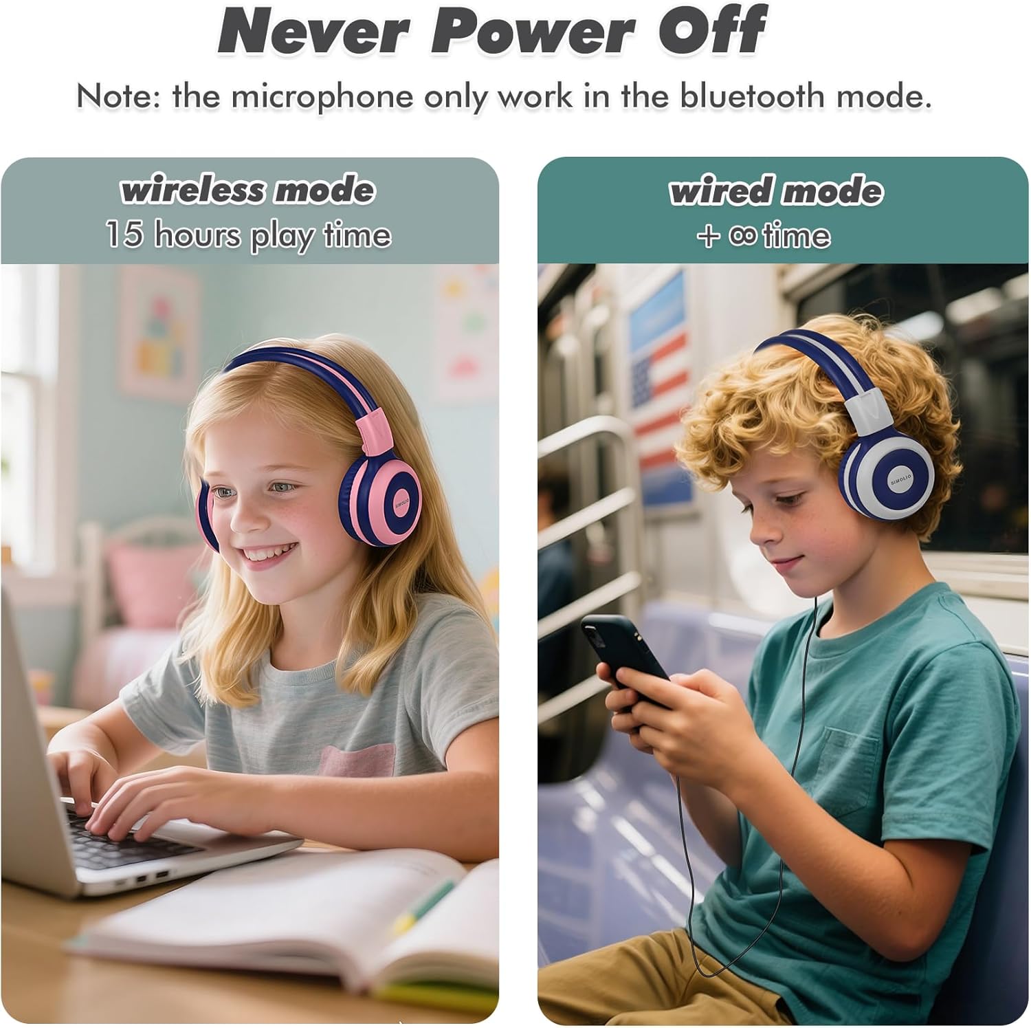 Comparison of wireless and wired modes for SIMOLIO headphones. Wireless mode shows a girl using a laptop, wired mode shows a boy using a phone with a cable.