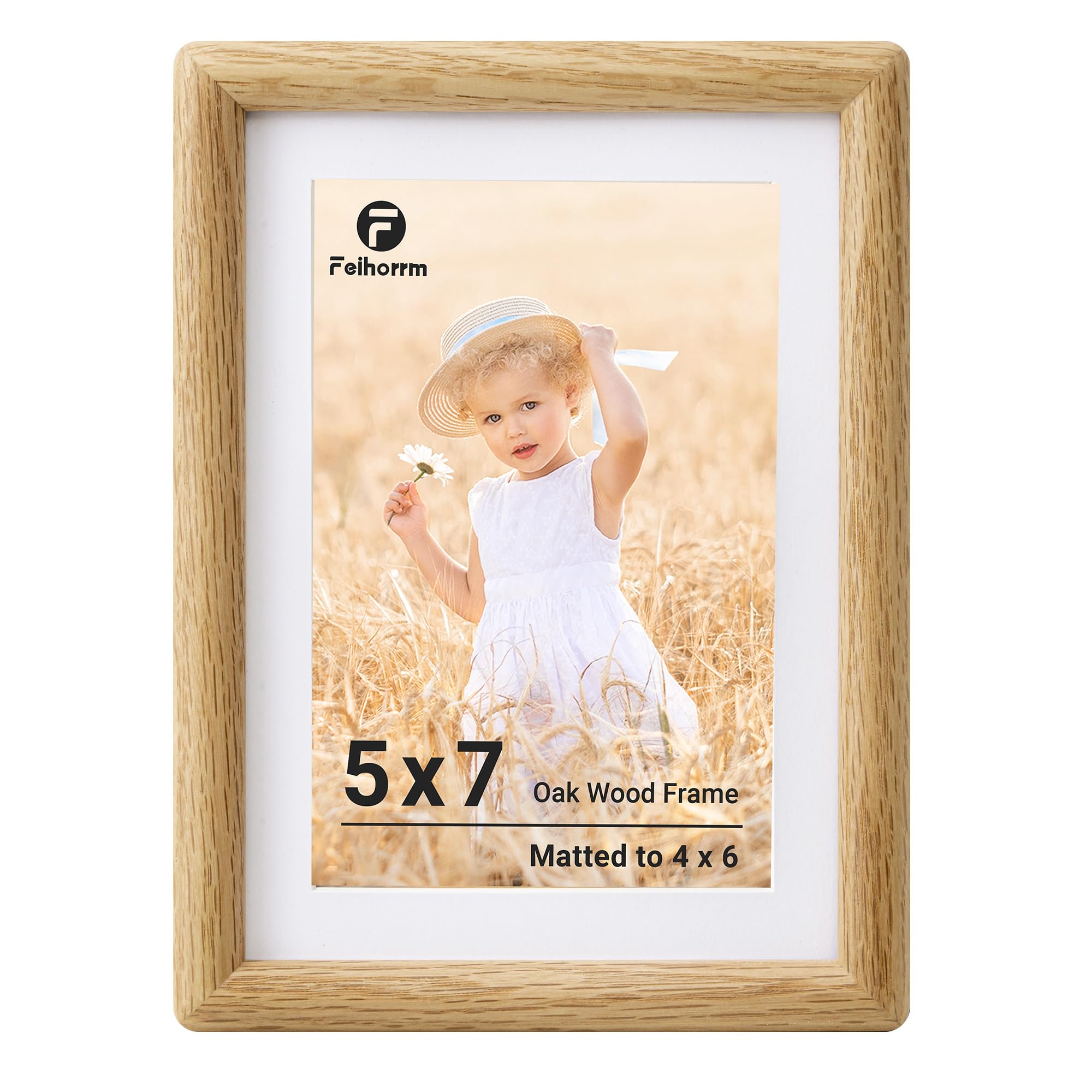 Feihorrm 7x5 Photo Frames, Oak Solid Wood Picture Frame, 5x7 Picture Frame, 5x7 Frame Matted to 4x6 Photos, Handcrafted Rounded Corners with HD Tempered Glass, Tabletop & Wall Mount Display