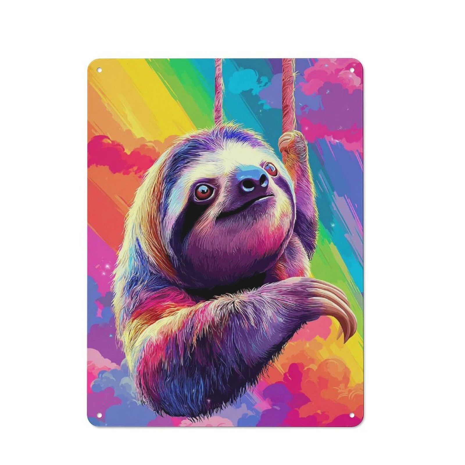 Junmoney Rainbow Sloth In Cloudy Sky Friendly Metal Wall Decor 40X30cm, Decorative Metal Plaque For Coffee Bar, Small Shop Or Dining Room