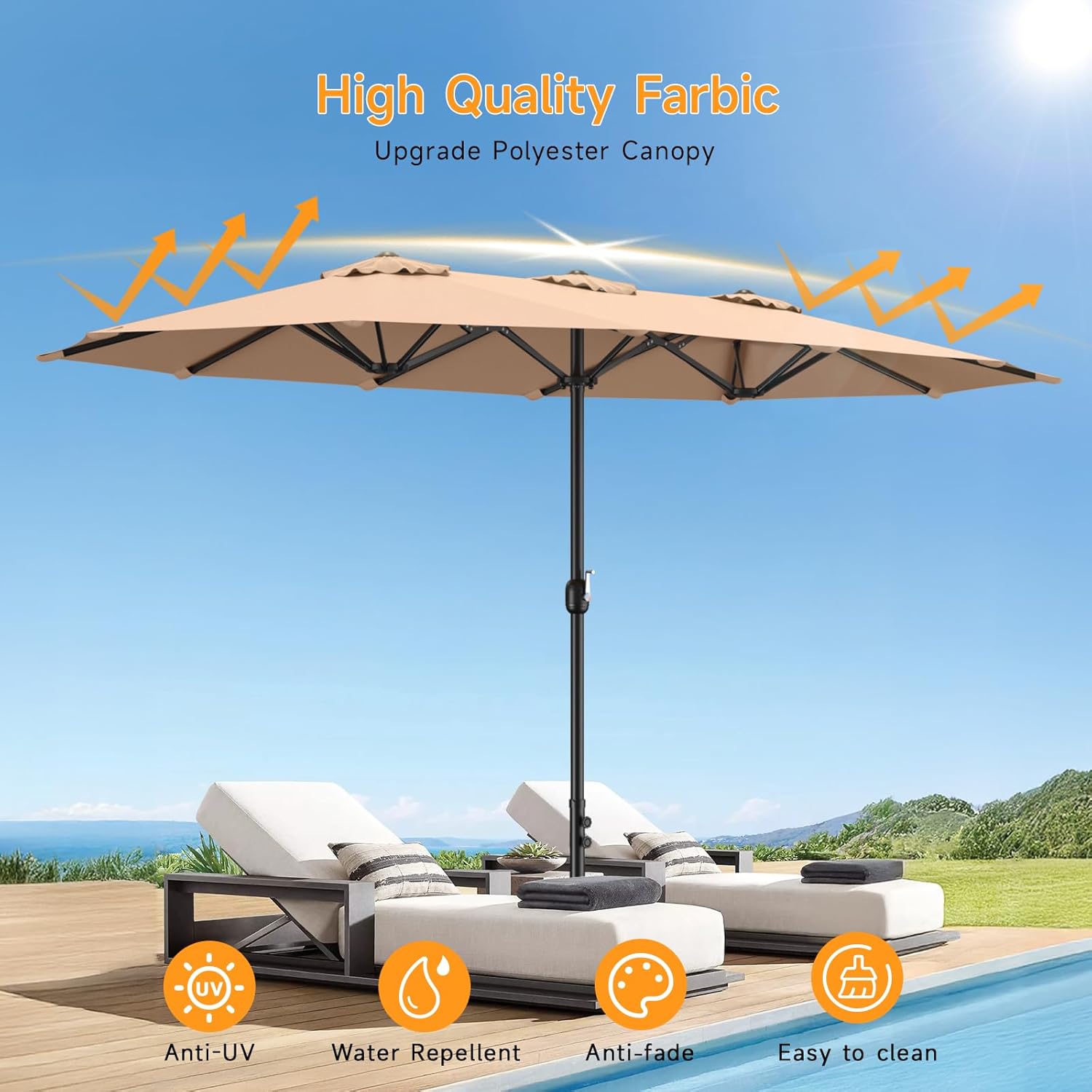 Photo 1 of  15ft Patio Umbrella with Base Included, Extra Large Shade Area, Double Sided Rectangle with Crank Handle for Poolside, Garden, Yard, Beige 