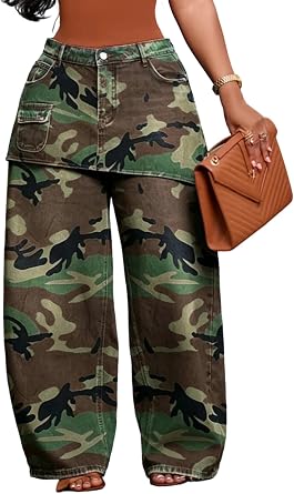 Tbahhir Women Baggy Cargo Jeans High Waisted Wide Leg Patchwork Denim Pants