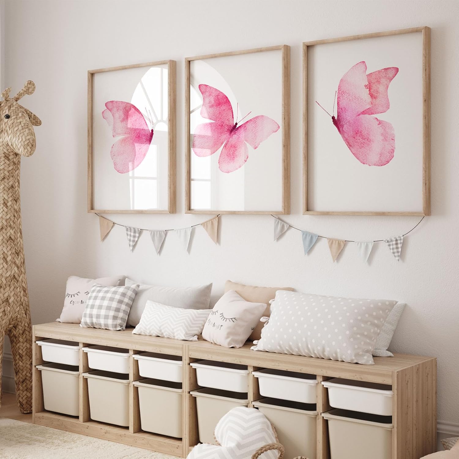 Pink Butterfly Canvas Wall Art - Colorful Butterfly Prints for Girls Room & Living Room Decor - 12x16 Inch, 3 Pack, No Frame