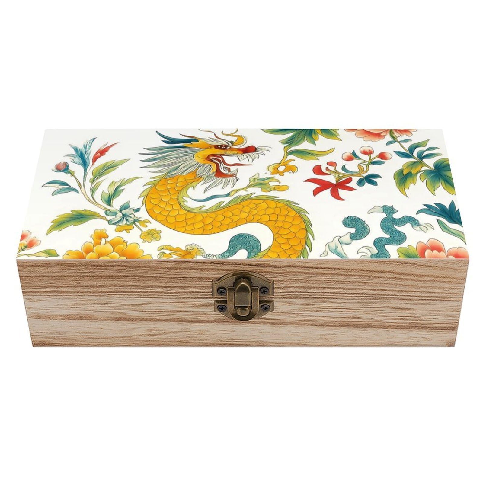 HLBSDM Chinoiserie Golden Dragon with Floral Retro Wooden Storage Box Jewelry Art Gift Boxs Decorative Keepsake Boxes