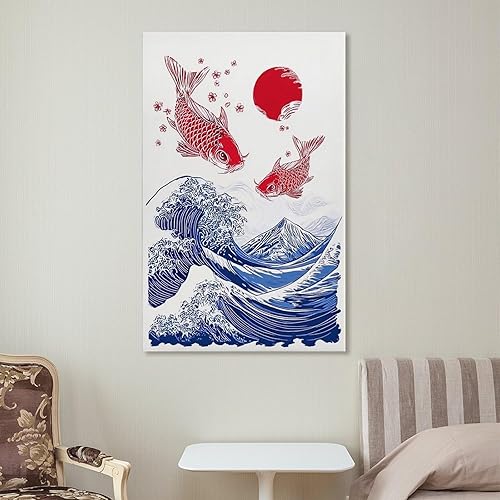 Miniatura 7 de Asian Japanese Great Wave Red Koi Fish Retro Cherry Blossom Poster Canvas Wall Art Decor for Bedroom Living Room Office Bathroom Home Pictures Print