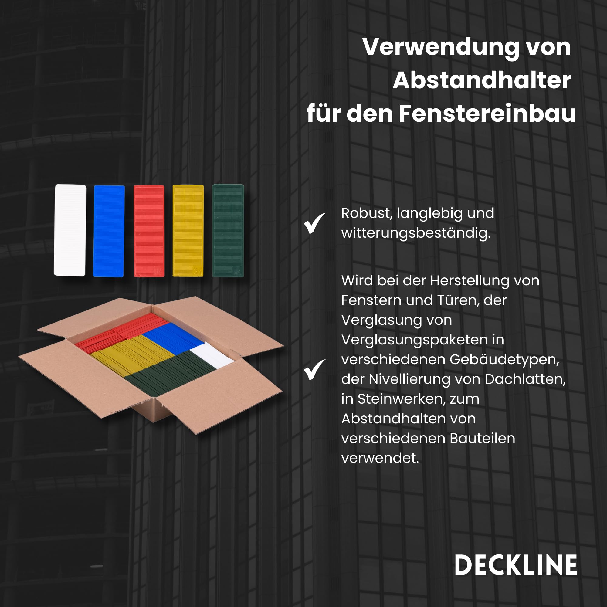 Abstandshalter Kunststoff - 500 Stück - 34 x 100 mm - Im Set: 1, 2, 3, 4, 5 mm - MIX Distanzklötze aus Kunststoff für Fußböden, Fenstern und Türen - Verglasungsklötze - Unterlegplatten