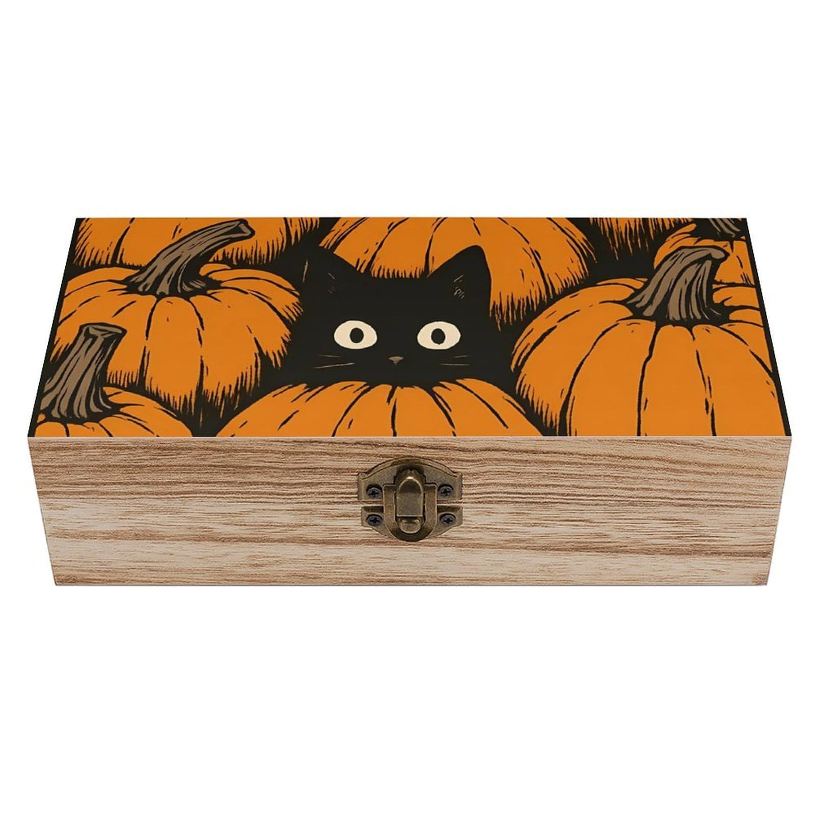 HLBSDM Black Cat in Pumpkins Retro Wooden Storage Box Jewelry Art Gift Boxs Decorative Keepsake Boxes