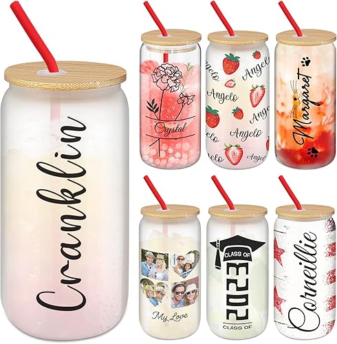 Vasos de vidrio personalizados con tapas y pajitas de bambú con nombre personalizado y foto sublimación, vaso de 16 onzas, taza de café helado