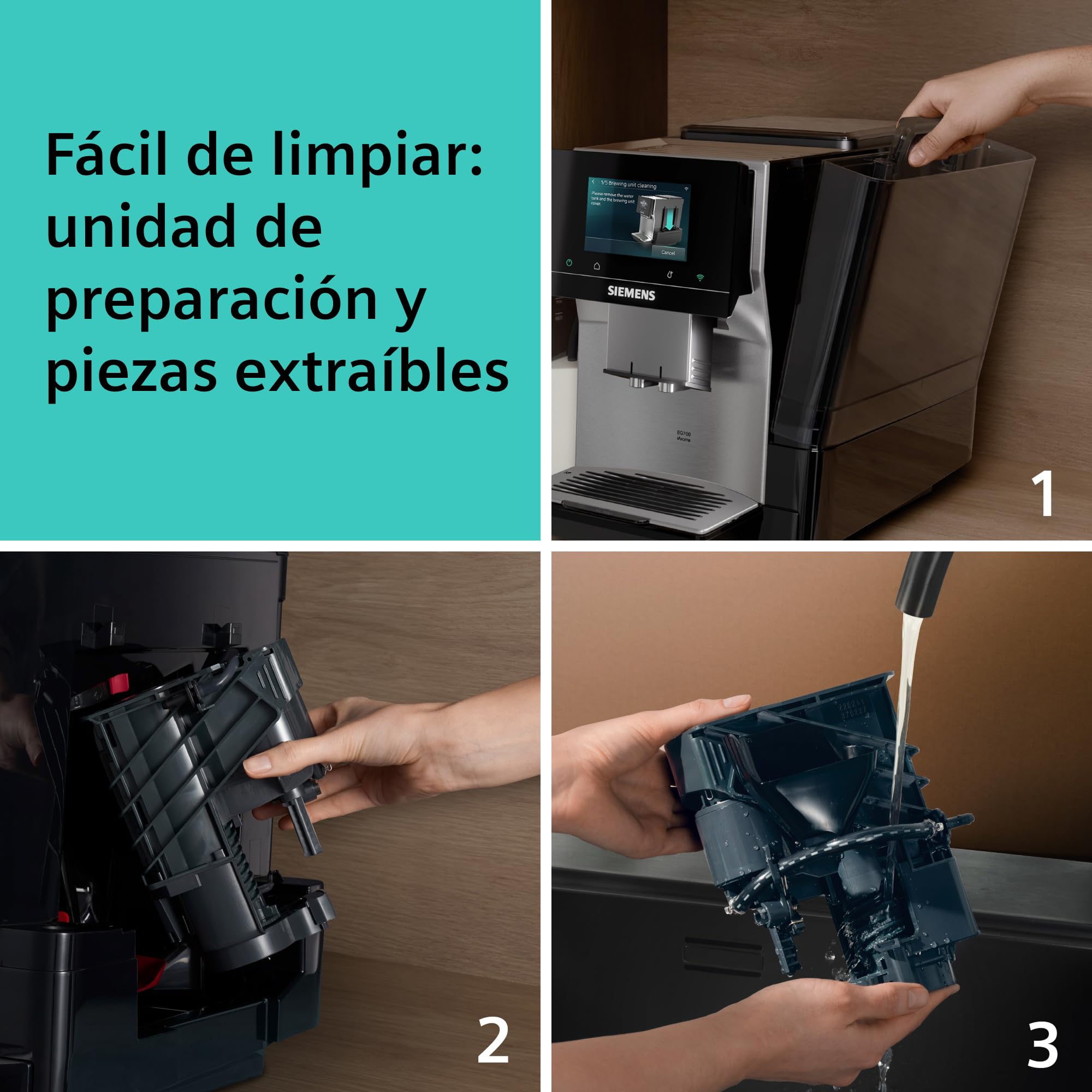 SIEMENS, Cafetera Superautomática, EQ700 iAroma, pantalla táctil, depósito de leche integrado, calentador de tazas, Cold Brew y Slow Brew, app Home Connect, acero inoxidable negro, TQ727E03