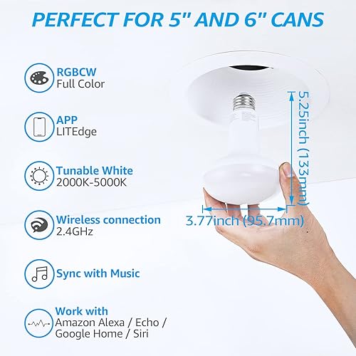 Miniatura 3 de TORCHSTAR BR30 - Bombillas de inundación inteligentes, RGBCW LED empotrables que cambian de color, 800lm 9W (60W equivalente), regulables,