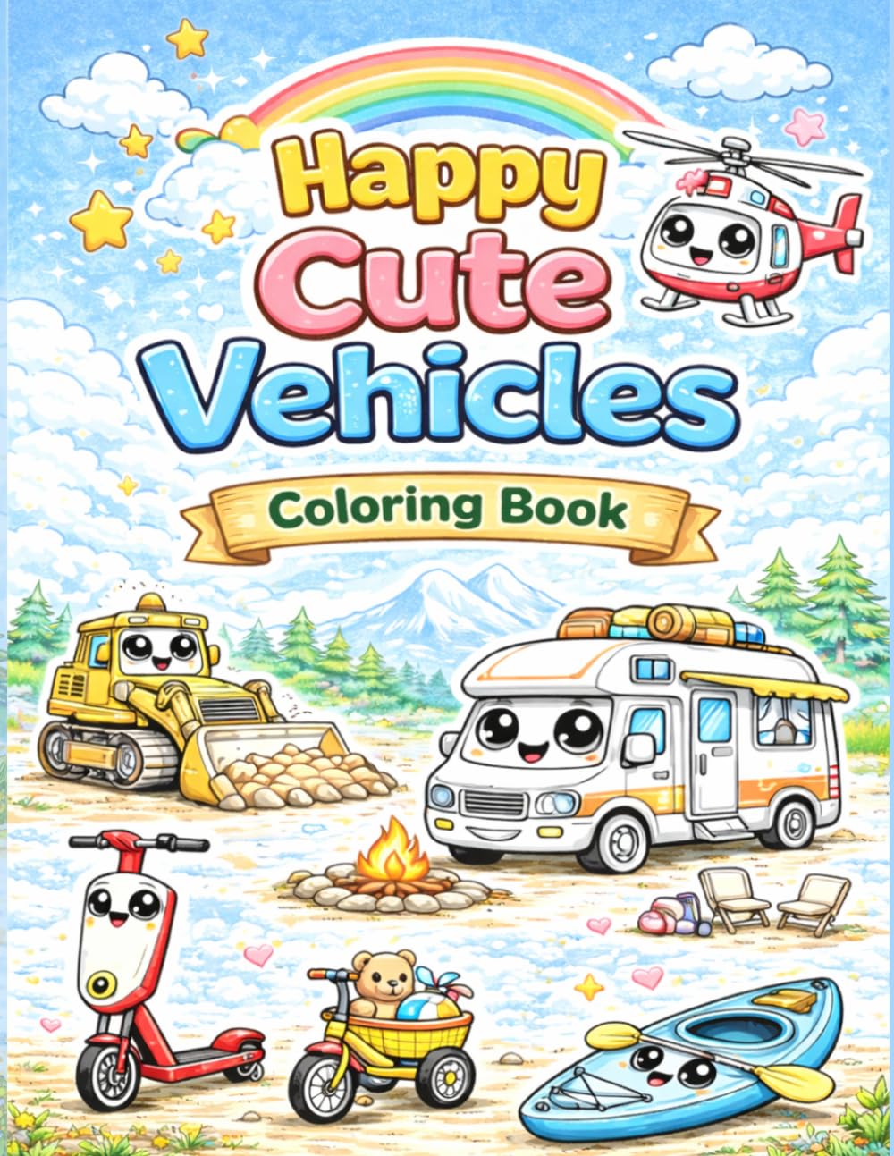 Happy Cute Vehicles Coloring Book for Kids: An A to Z Alphabet Learning Adventure with 70 Adorable Cars, Trucks, and Planes for Toddlers and Kids Ages 4-8!