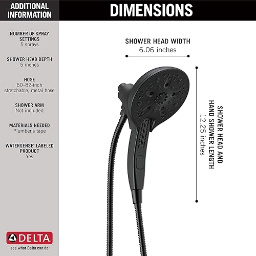Miniatura 17 de Delta Faucet 5-Spray In2ition - Cabezal de ducha de mano doble 2 en 1 con manguera, cabezal de ducha de mano H2Okinetic con acoplamiento magnético