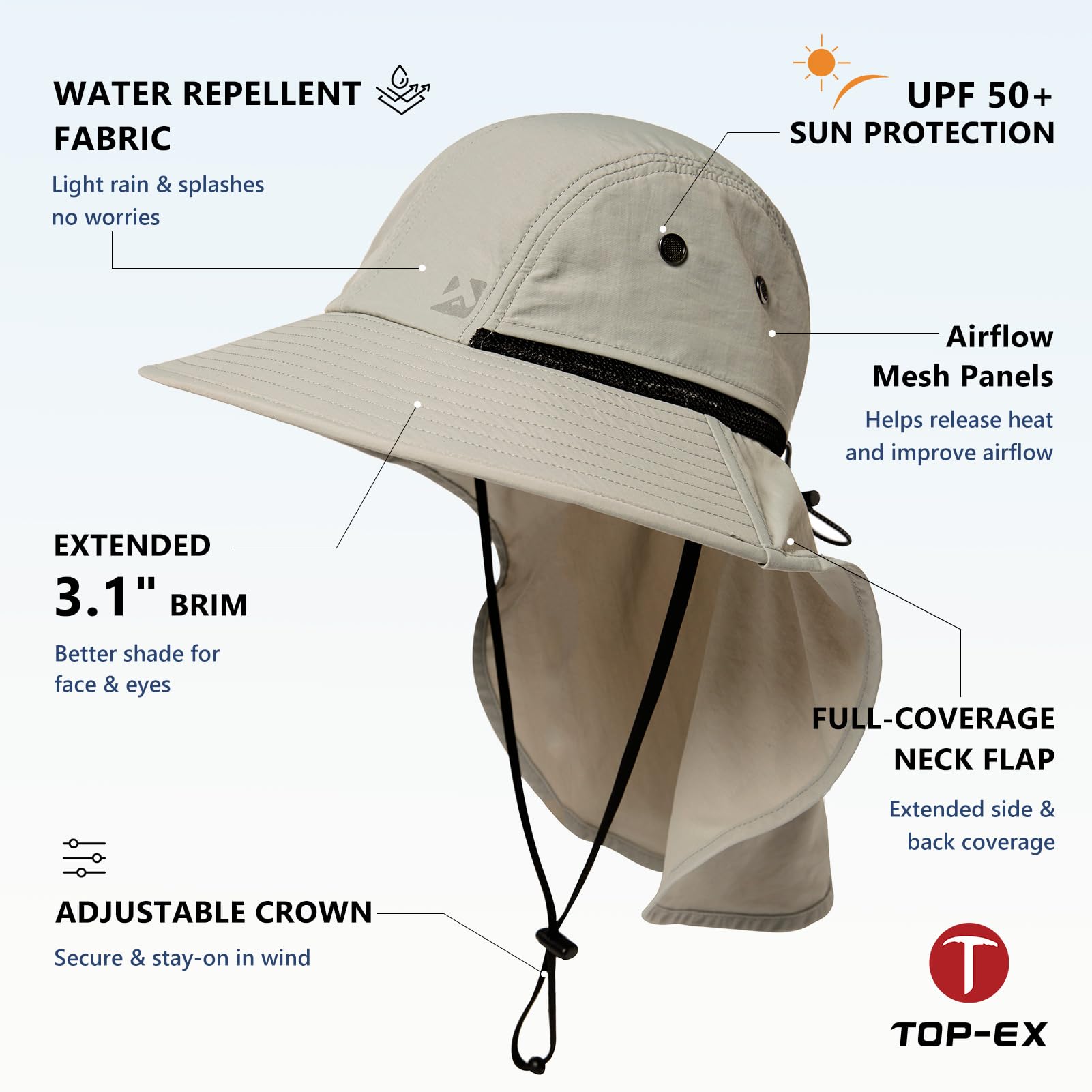 Chapeau de soleil surdimensionné XL XXL pour homme, grande tête, cou, rabat, ombrage, imperméable, UPF50+, chapeau à large bord, pour la pêche, le safari, la randonnée