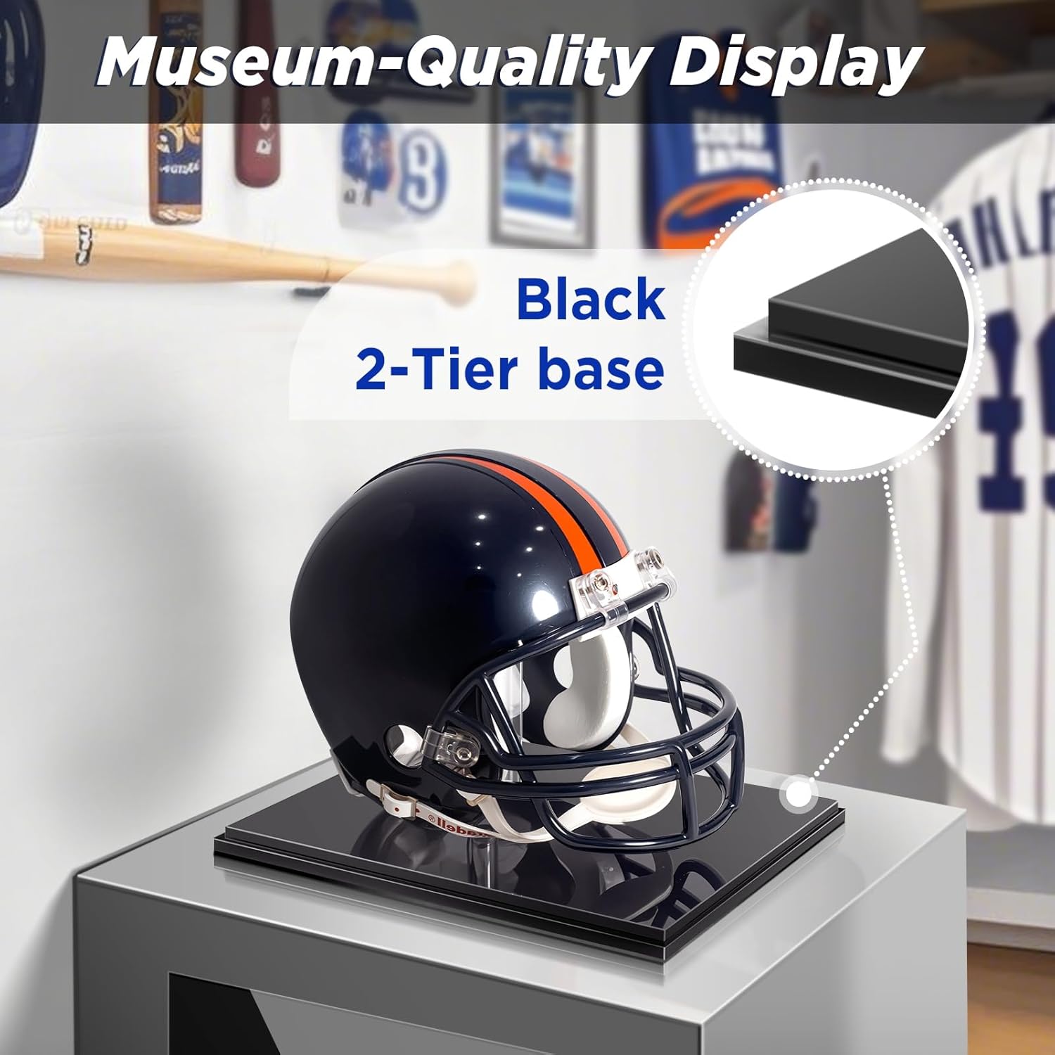 Mini-Helmet-Display-Case, UV Protection Acrylic Display Case Souvenirs and Collectibles Box for MINI Football Helmets with Black Base & Riser (Black Base & Riser, Stackable)