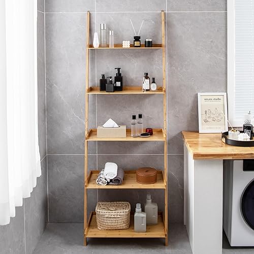 Miniatura 5 de Tangkula Estantería de escalera de 5 niveles, estantería de bambú de 72 pulgadas de alto con deflectores y kits antivuelcos, soporte para plantas