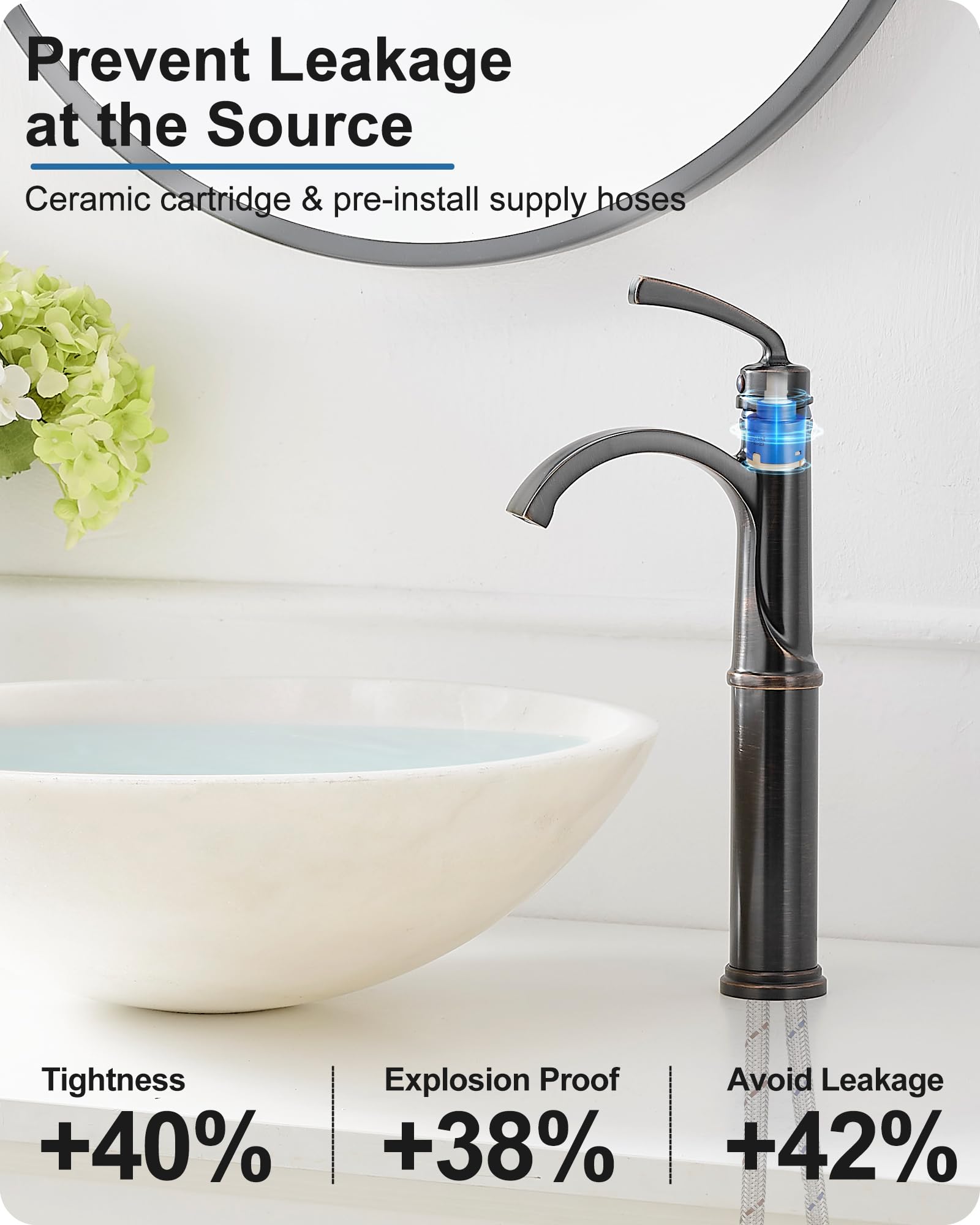 Waterfall Vessel Sink Faucet Oil Rubbed Bronze Brass Tall Bathroom Faucet with Pop-up Drain cUPC Supply Hoses Single — view 3